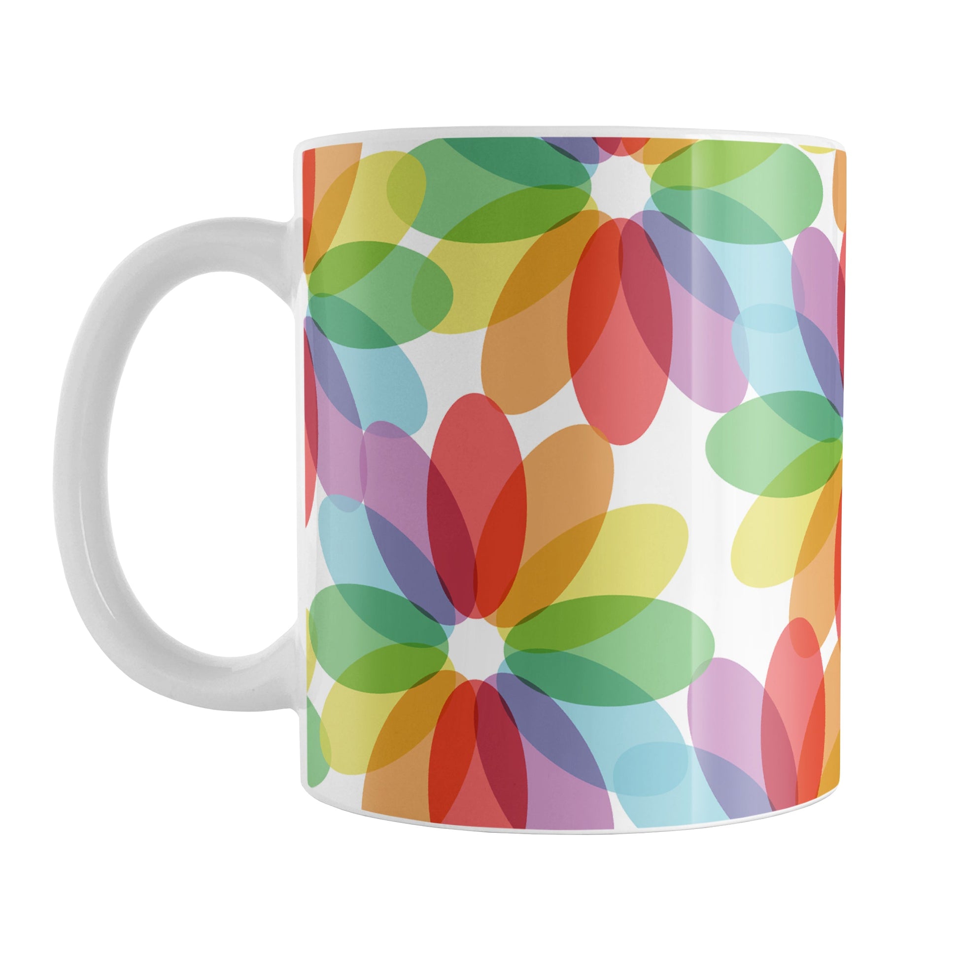 Color Lovers Rainbow Flower Mug at Amy's Coffee Mugs. A ceramic coffee mug with large colorful flower-like designs with each oval petal presenting a different progression in the rainbow, blending into each other, in a pattern that wraps around the mug up to the handle.