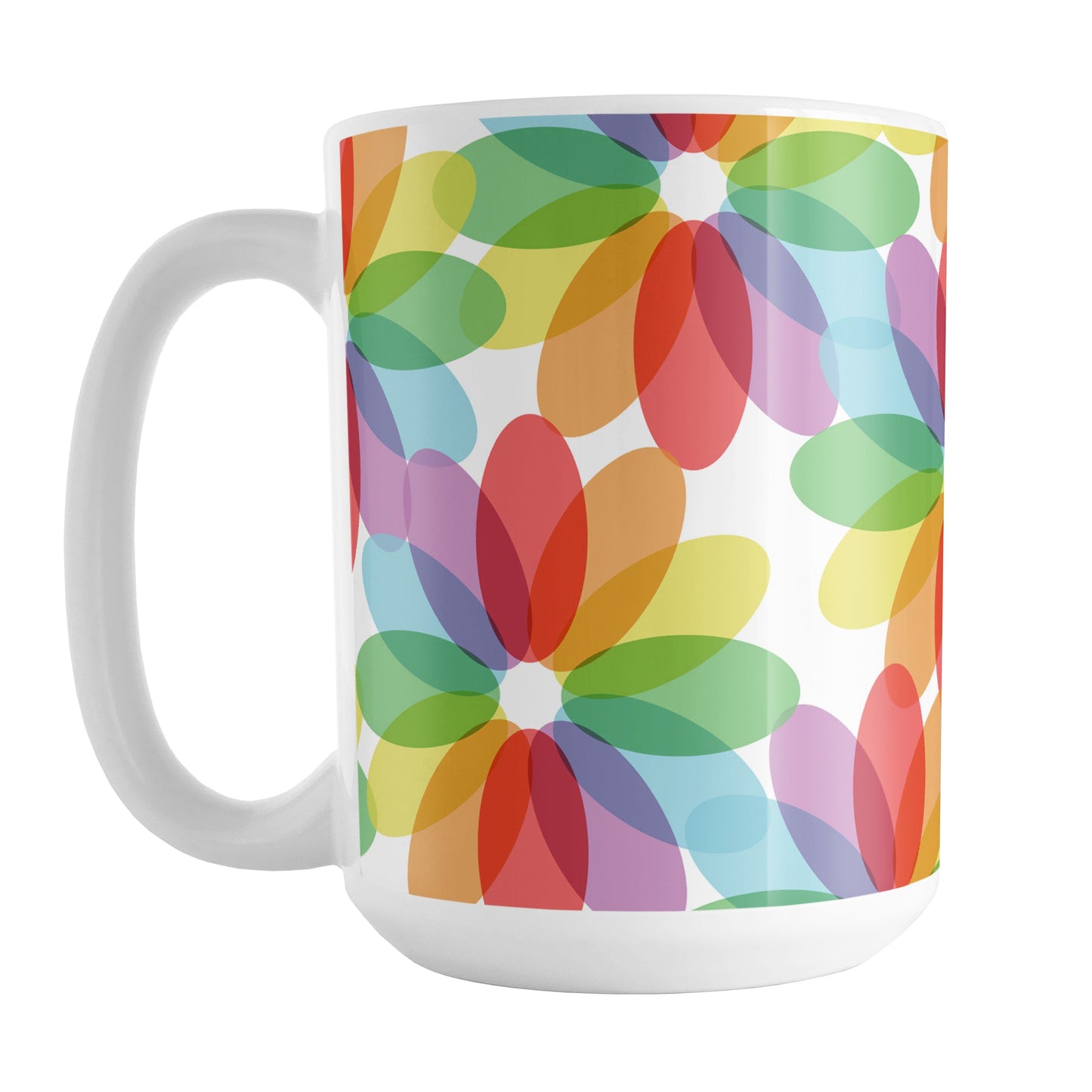 Color Lovers Rainbow Flower Mug at Amy's Coffee Mugs. A ceramic coffee mug with large colorful flower-like designs with each oval petal presenting a different progression in the rainbow, blending into each other, in a pattern that wraps around the mug up to the handle.