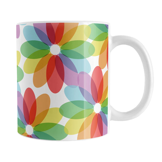 Color Lovers Rainbow Flower Mug at Amy's Coffee Mugs. A ceramic coffee mug with large colorful flower-like designs with each oval petal presenting a different progression in the rainbow, blending into each other, in a pattern that wraps around the mug up to the handle.