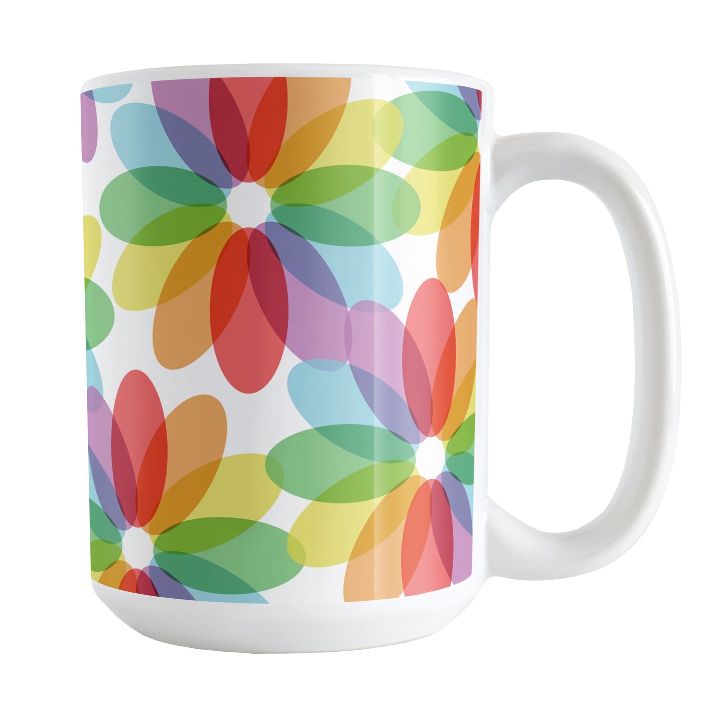 Color Lovers Rainbow Flower Mug at Amy's Coffee Mugs. A ceramic coffee mug with large colorful flower-like designs with each oval petal presenting a different progression in the rainbow, blending into each other, in a pattern that wraps around the mug up to the handle.
