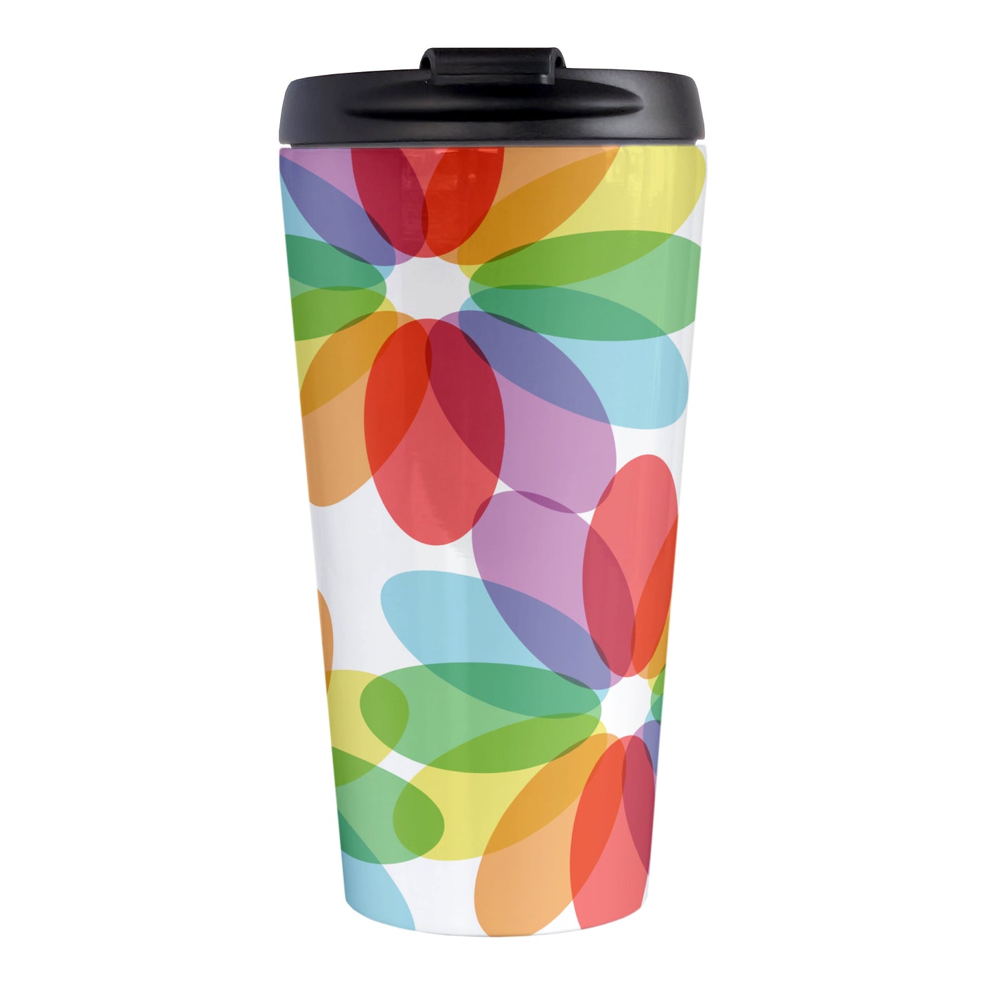Color Lovers Rainbow Flower Travel Mug (15oz, stainless steel insulated) at Amy's Coffee Mugs. A travel mug with large colorful flower-like designs with each oval petal presenting a different progression in the rainbow, blending into each other, in a pattern that wraps around the travel mug.