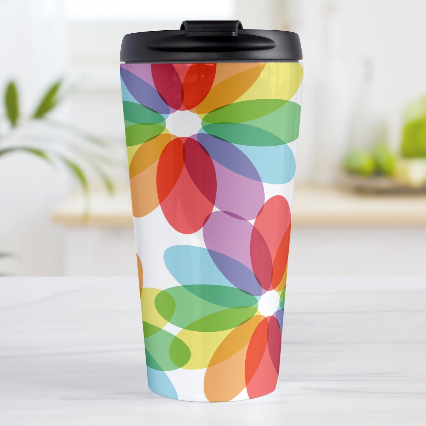 Color Lovers Rainbow Flower Travel Mug (15oz, stainless steel insulated) at Amy's Coffee Mugs. A travel mug with large colorful flower-like designs with each oval petal presenting a different progression in the rainbow, blending into each other, in a pattern that wraps around the travel mug.