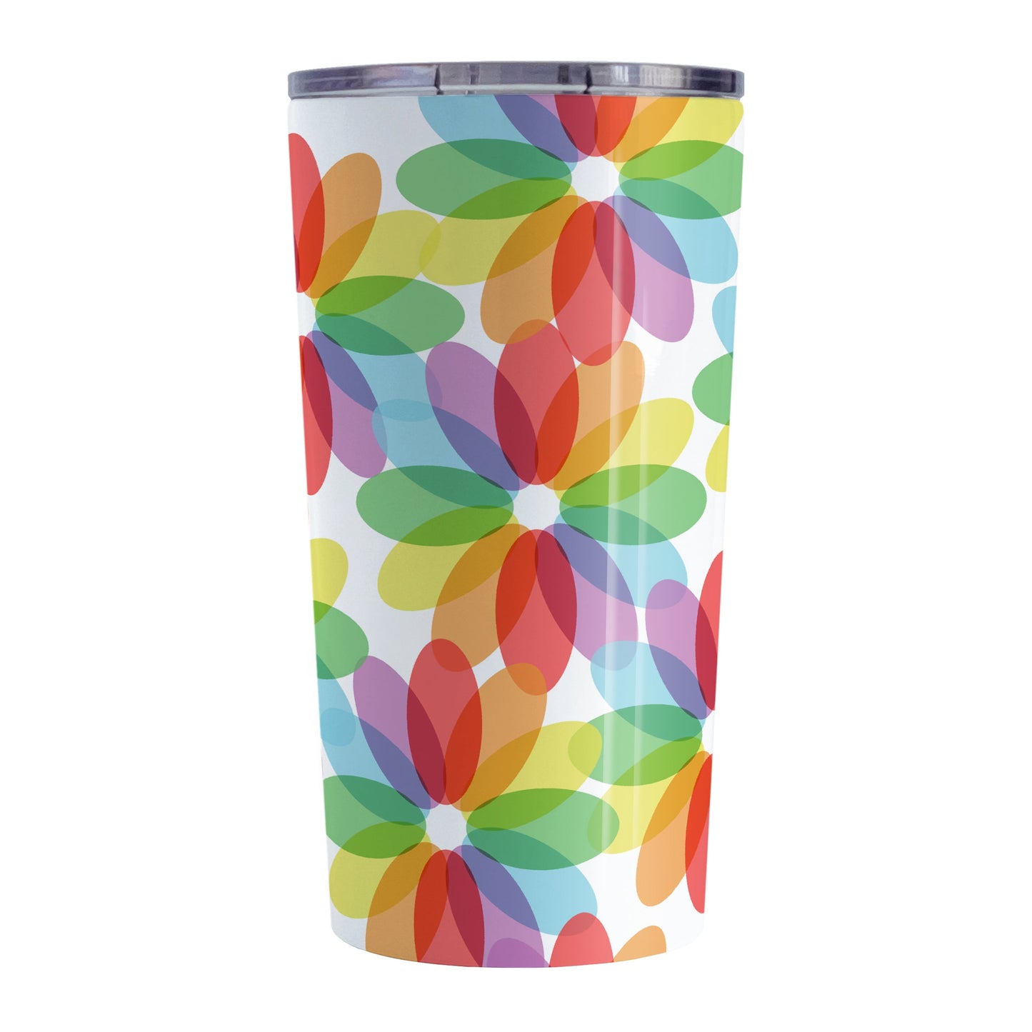 Color Lovers Rainbow Flower Tumbler Cup (20oz, stainless steel insulated) at Amy's Coffee Mugs. A tumbler cup with large colorful flower-like designs with each oval petal presenting a different progression in the rainbow, blending into each other, in a pattern that wraps around the cup.