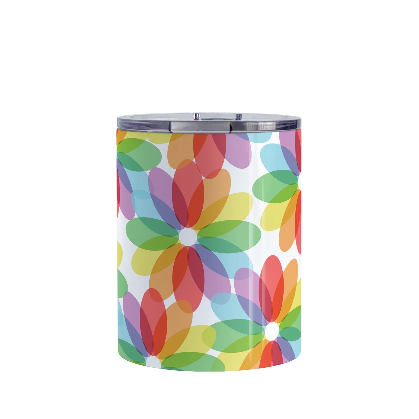 Color Lovers Rainbow Flower Tumbler Cup (10oz, stainless steel insulated) at Amy's Coffee Mugs. A tumbler cup with large colorful flower-like designs with each oval petal presenting a different progression in the rainbow, blending into each other, in a pattern that wraps around the cup.