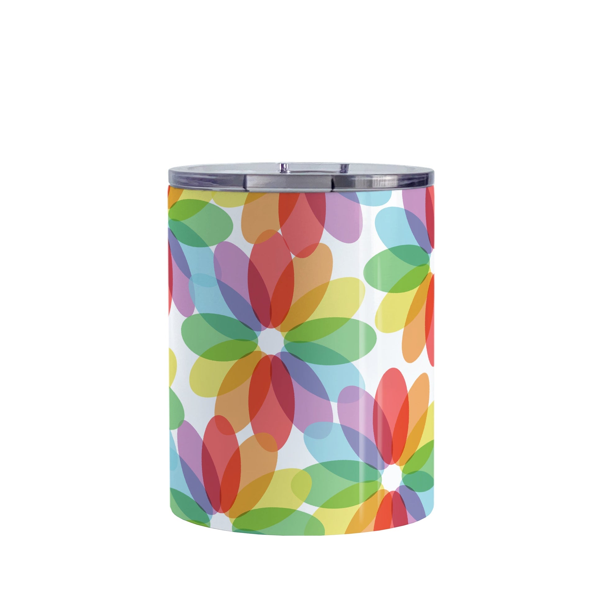 Color Lovers Rainbow Flower Tumbler Cup (10oz, stainless steel insulated) at Amy's Coffee Mugs. A tumbler cup with large colorful flower-like designs with each oval petal presenting a different progression in the rainbow, blending into each other, in a pattern that wraps around the cup.