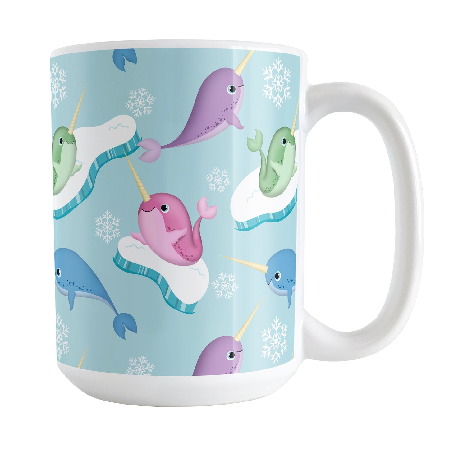 Colorful Arctic Narwhal Pattern Mug (15oz) at Amy's Coffee Mugs. A ceramic coffee mug designed pink, purple, blue, and green narwhals with icebergs and snowflakes over a light blue colored background that wraps around the mug up to the handle.