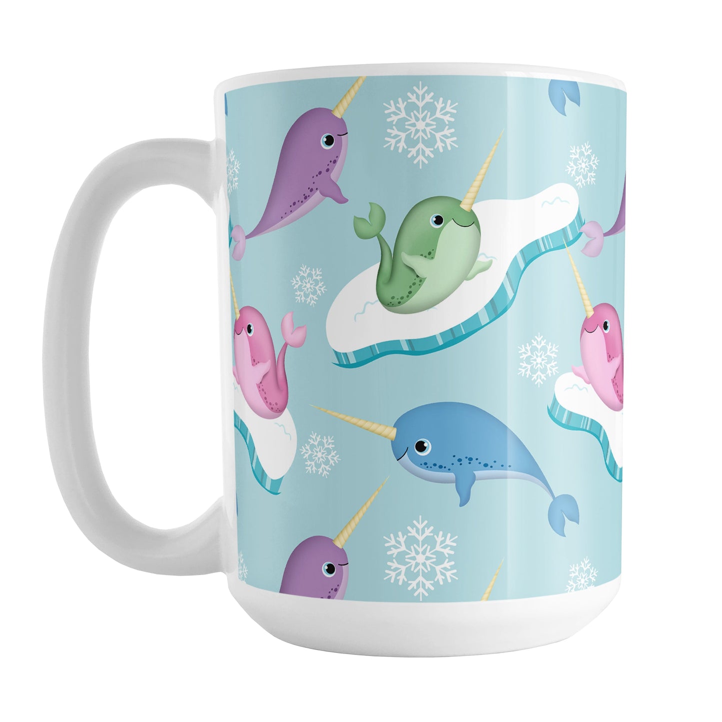 Colorful Arctic Narwhal Pattern Mug (15oz) at Amy's Coffee Mugs. A ceramic coffee mug designed pink, purple, blue, and green narwhals with icebergs and snowflakes over a light blue colored background that wraps around the mug up to the handle.