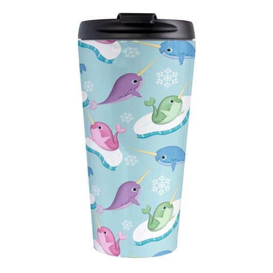 Colorful Arctic Narwhal Pattern Travel Mug (15oz, stainless steel insulated) at Amy's Coffee Mugs. A travel mug designed cute pink, purple, blue, and green narwhals with icebergs and snowflakes over a light blue colored background that wraps around the travel mug.