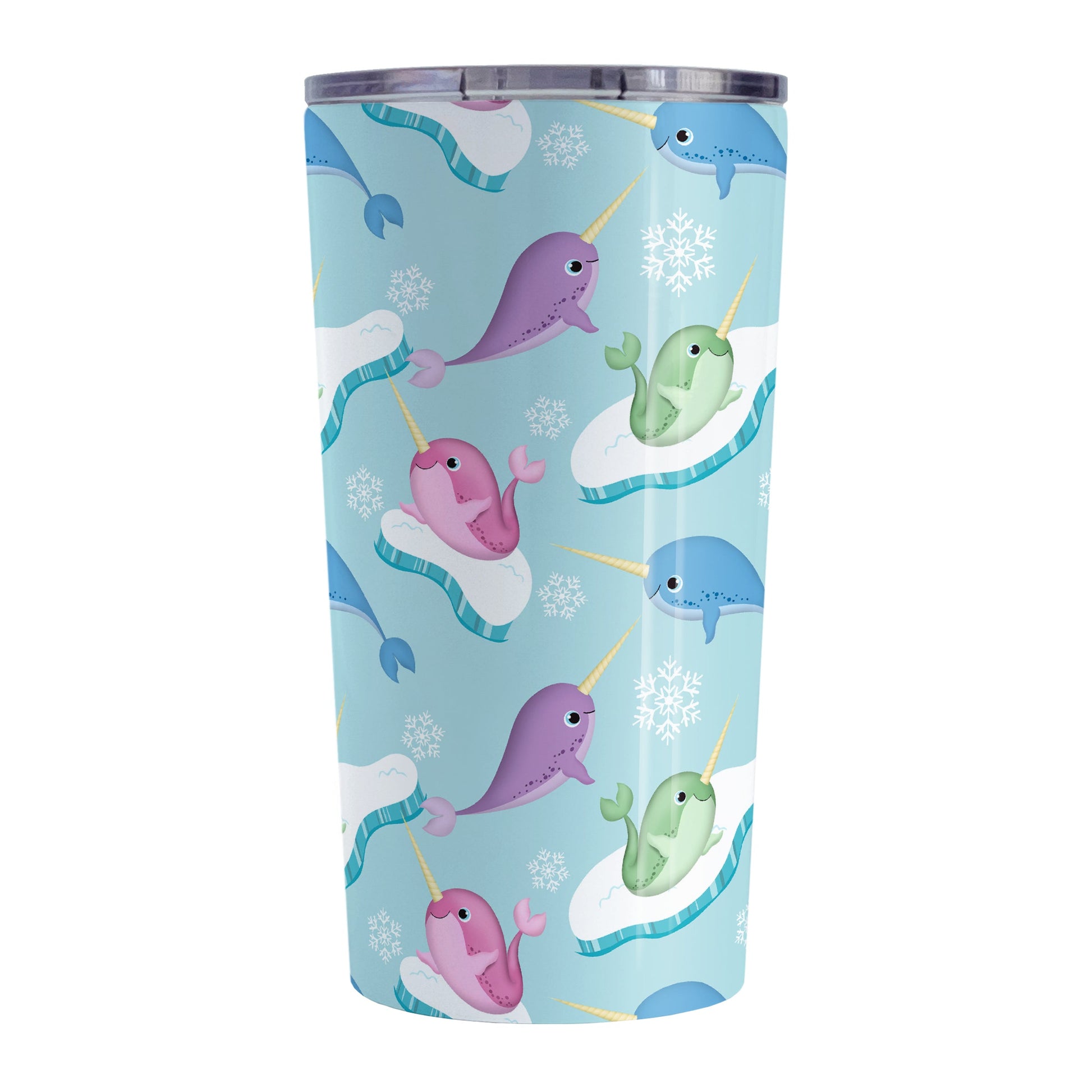 Colorful Arctic Narwhal Pattern Tumbler Cup (20oz, stainless steel insulated) at Amy's Coffee Mugs. A tumbler cup designed cute pink, purple, blue, and green narwhals with icebergs and snowflakes over a light blue colored background that wraps around the cup.