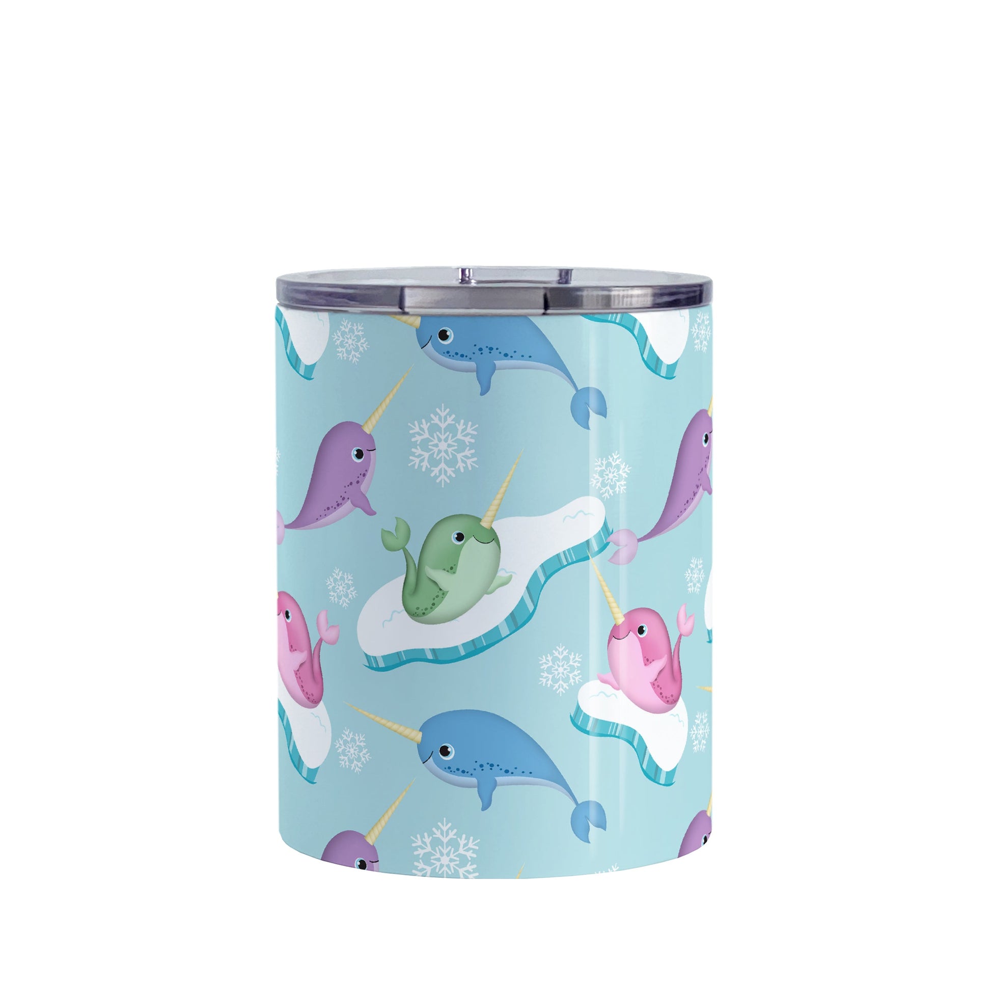 Colorful Arctic Narwhal Pattern Tumbler Cup (10oz, stainless steel insulated) at Amy's Coffee Mugs. A tumbler cup designed cute pink, purple, blue, and green narwhals with icebergs and snowflakes over a light blue colored background that wraps around the cup.