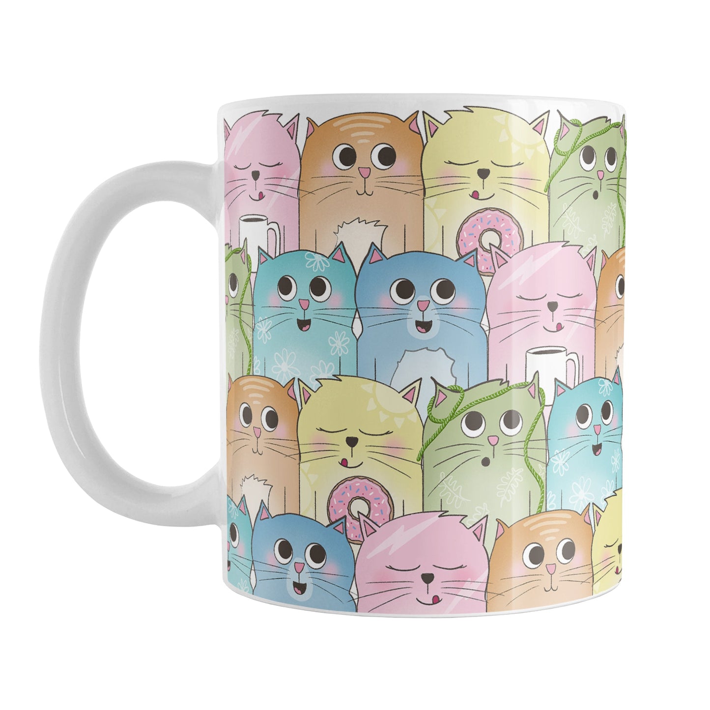 Colorful Cat Stack Pattern Mug (11oz) at Amy's Coffee Mugs. Cute cats mug with an illustrated pattern of different colorful cats (in pink, orange, yellow, green, turquoise, and blue) with different fun expressions, with yarn, coffee, and donuts. This stacked pattern of cats wraps around the ceramic mug to the handle.