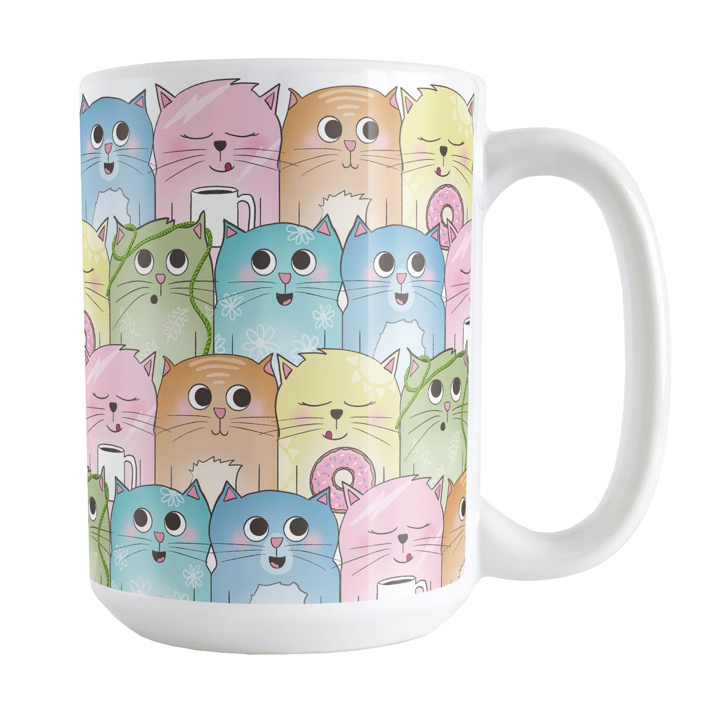 Colorful Cat Stack Pattern Mug (15oz) at Amy's Coffee Mugs. Cute cats mug with an illustrated pattern of different colorful cats (in pink, orange, yellow, green, turquoise, and blue) with different fun expressions, with yarn, coffee, and donuts. This stacked pattern of cats wraps around the ceramic mug to the handle.