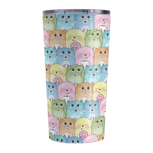 Colorful Cat Stack Pattern Tumbler Cup (20oz, stainless steel insulated) at Amy's Coffee Mugs. Cute cats tumbler cup with an illustrated pattern of different colorful cats (in pink, orange, yellow, green, turquoise, and blue) with different fun expressions, with yarn, coffee, and donuts. This stacked pattern of cats wraps around the cup.
