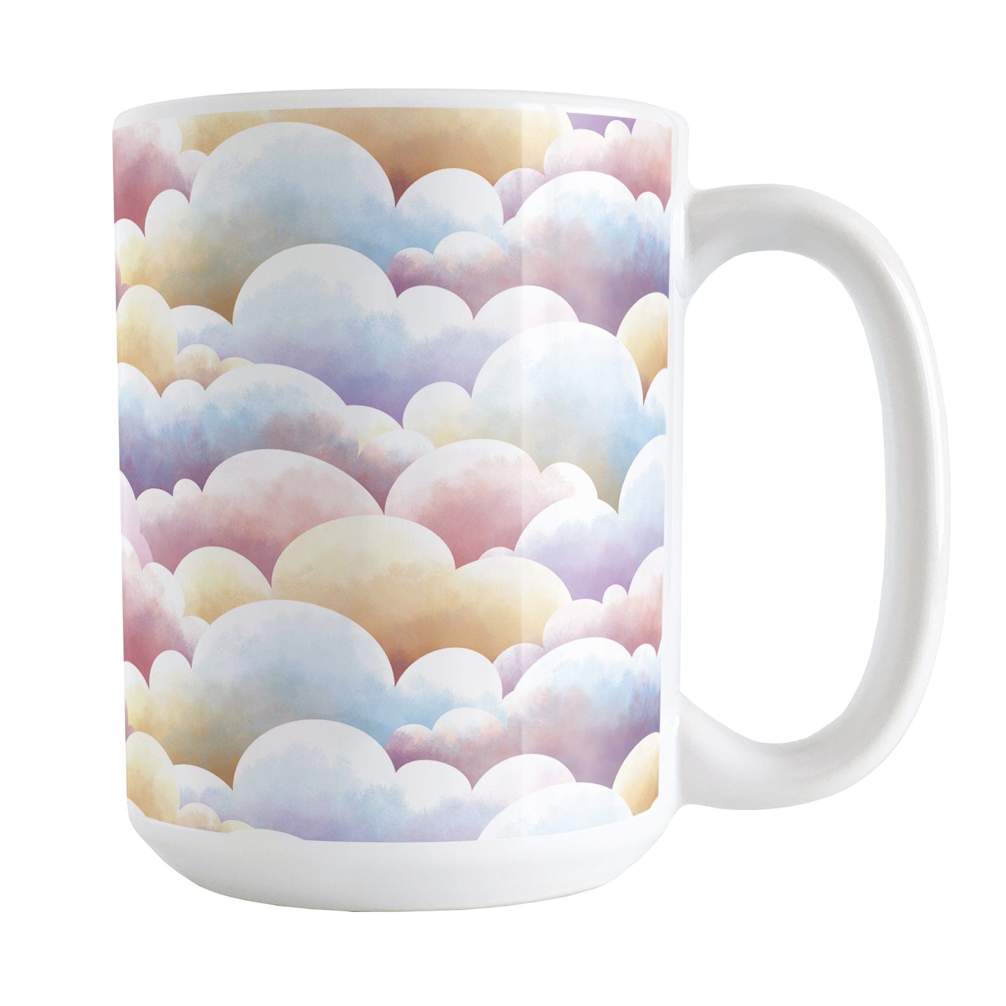 Colorful Clouds Mug (15oz) at Amy's Coffee Mugs. A ceramic coffee mug designed with whimsical and colorful clouds in a pattern that wraps around the mug to the handle.