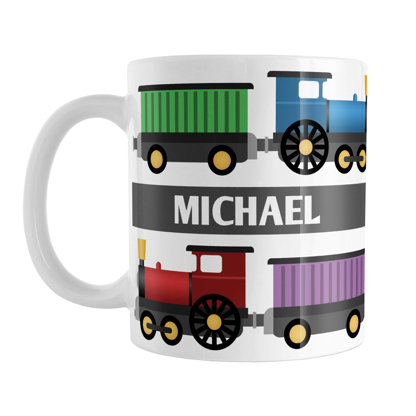 Colorful Locomotive - Personalized Train Mug (11oz) at Amy's Coffee Mugs. A ceramic coffee mug designed with a colorful locomotive illustration with two sets of engines and box cars in red, green, blue, and purple on both sides of the mug. Your name is personalized in white over a gray stripe that extends across the middle between the trains.