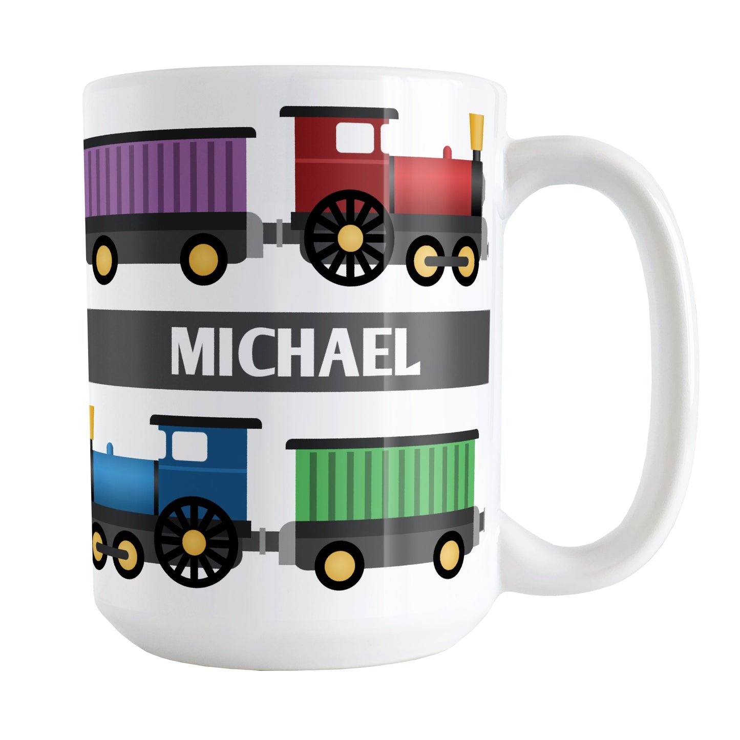 Colorful Locomotive - Personalized Train Mug (15oz) at Amy's Coffee Mugs. A ceramic coffee mug designed with a colorful locomotive illustration with two sets of engines and box cars in red, green, blue, and purple on both sides of the mug. Your name is personalized in white over a gray stripe that extends across the middle between the trains.