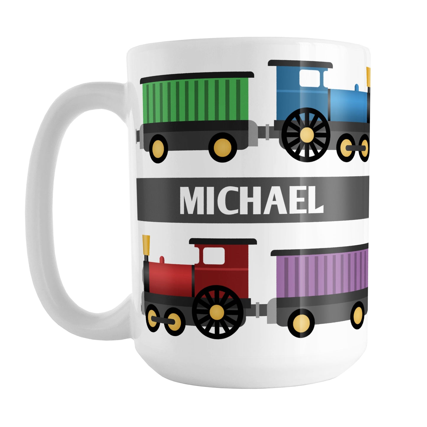 Colorful Locomotive - Personalized Train Mug (15oz) at Amy's Coffee Mugs. A ceramic coffee mug designed with a colorful locomotive illustration with two sets of engines and box cars in red, green, blue, and purple on both sides of the mug. Your name is personalized in white over a gray stripe that extends across the middle between the trains.