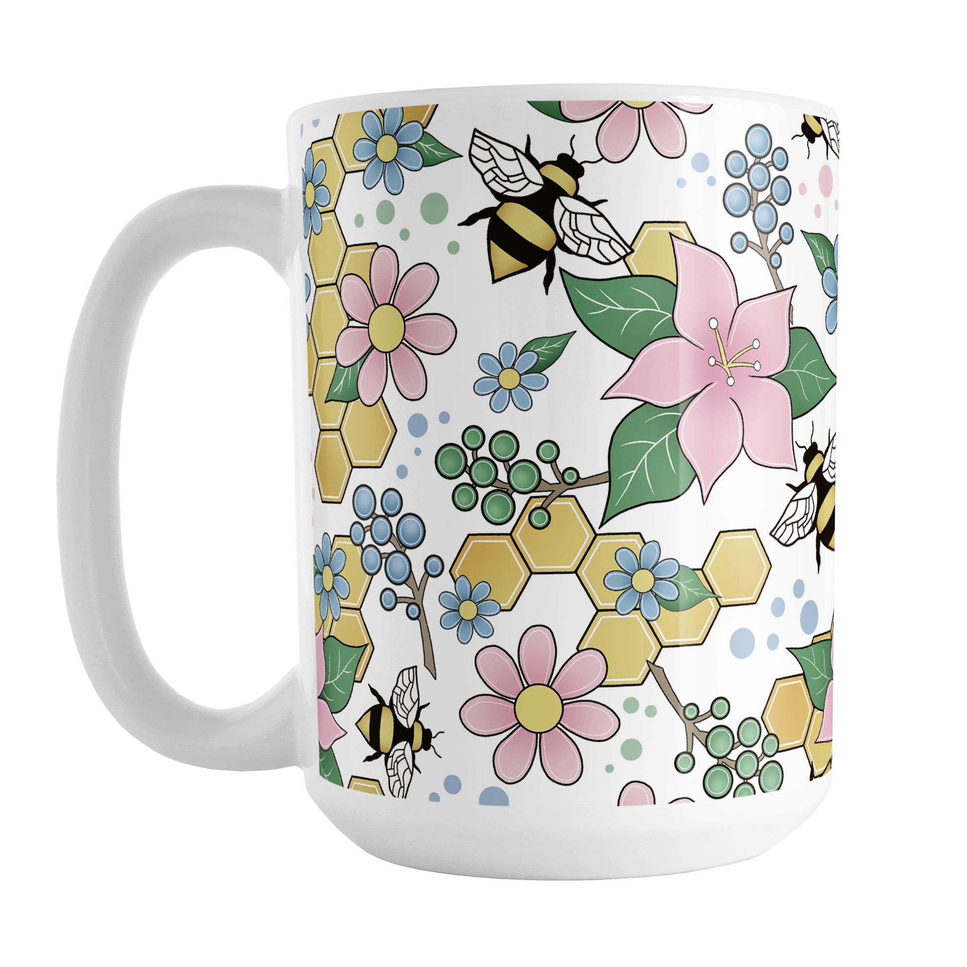 Colorful Pink Floral Bee Pattern Mug (15oz) at Amy's Coffee Mugs. A ceramic coffee mug designed with pink, blue, and green flowers and leaves with bees and golden yellow honeycomb pieces in a pattern that wraps around the mug up to the handle.