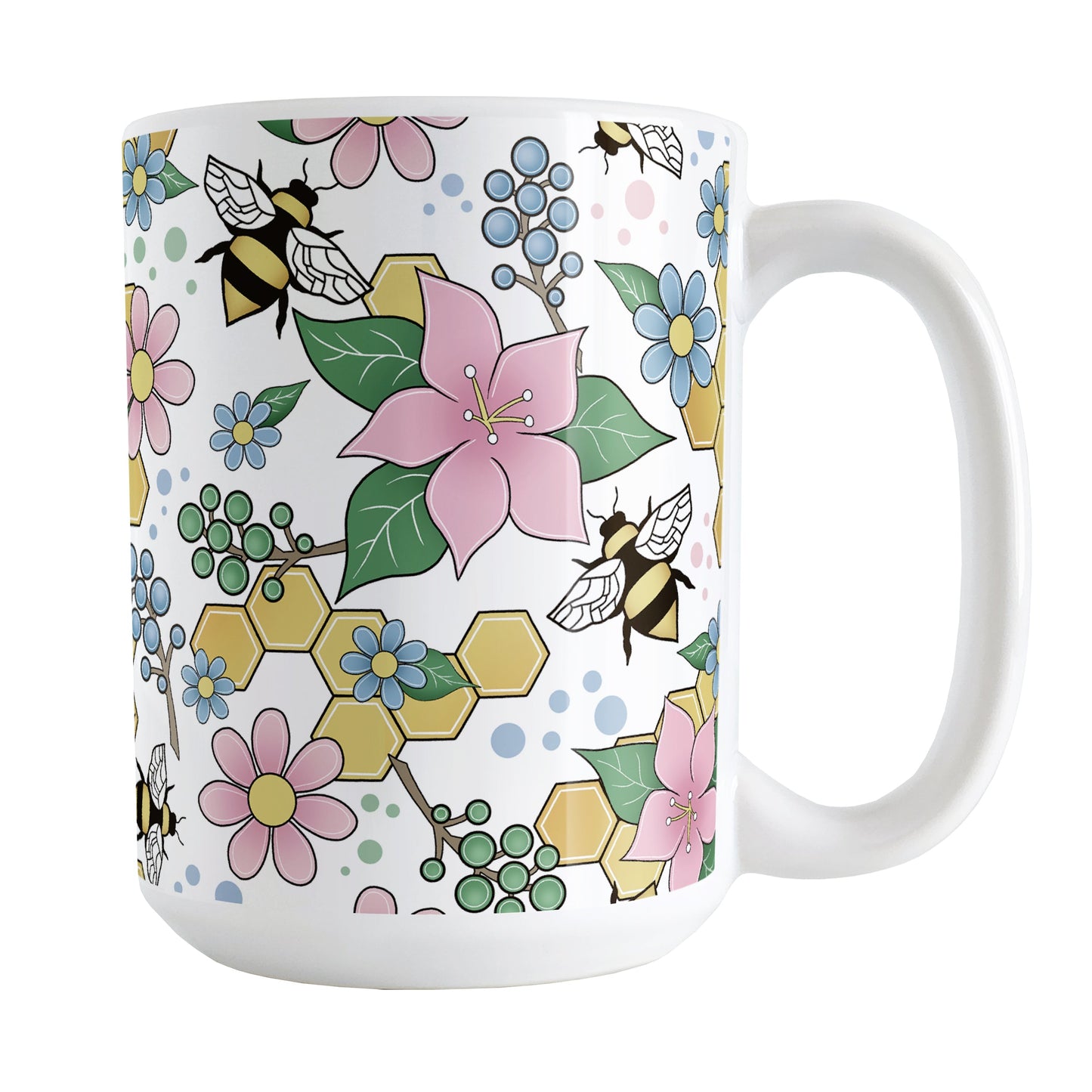 Colorful Pink Floral Bee Pattern Mug (15oz) at Amy's Coffee Mugs. A ceramic coffee mug designed with pink, blue, and green flowers and leaves with bees and golden yellow honeycomb pieces in a pattern that wraps around the mug up to the handle.