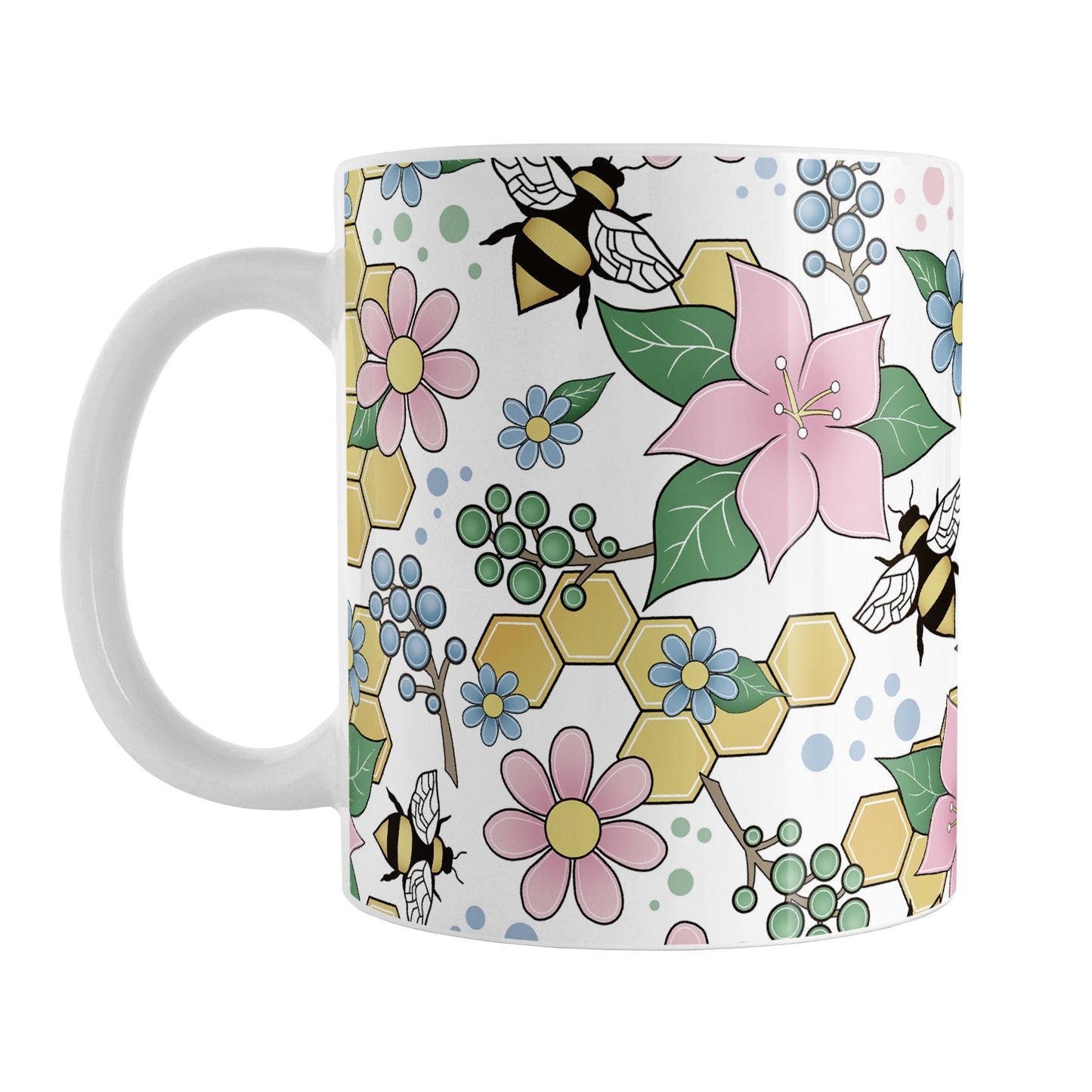 Colorful Pink Floral Bee Pattern Mug (11oz) at Amy's Coffee Mugs. A ceramic coffee mug designed with pink, blue, and green flowers and leaves with bees and golden yellow honeycomb pieces in a pattern that wraps around the mug up to the handle.