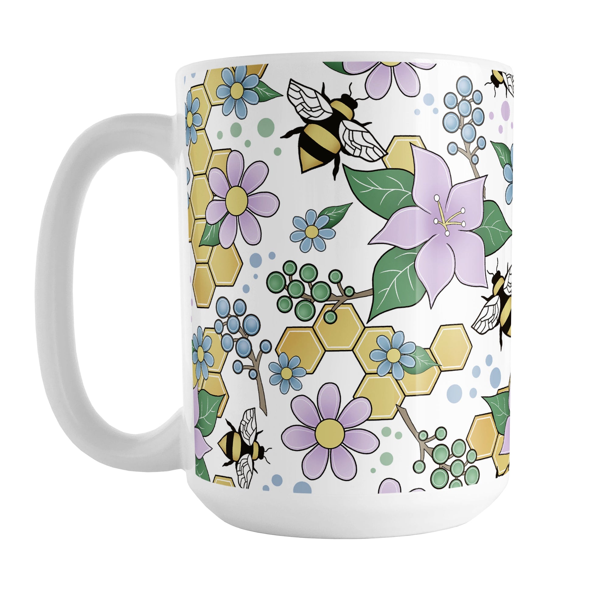 Colorful Purple Floral Bee Pattern Mug (15oz) at Amy's Coffee Mugs. A ceramic coffee mug designed with purple, blue, and green flowers and leaves with bees and golden yellow honeycomb pieces in a pattern that wraps around the mug up to the handle.