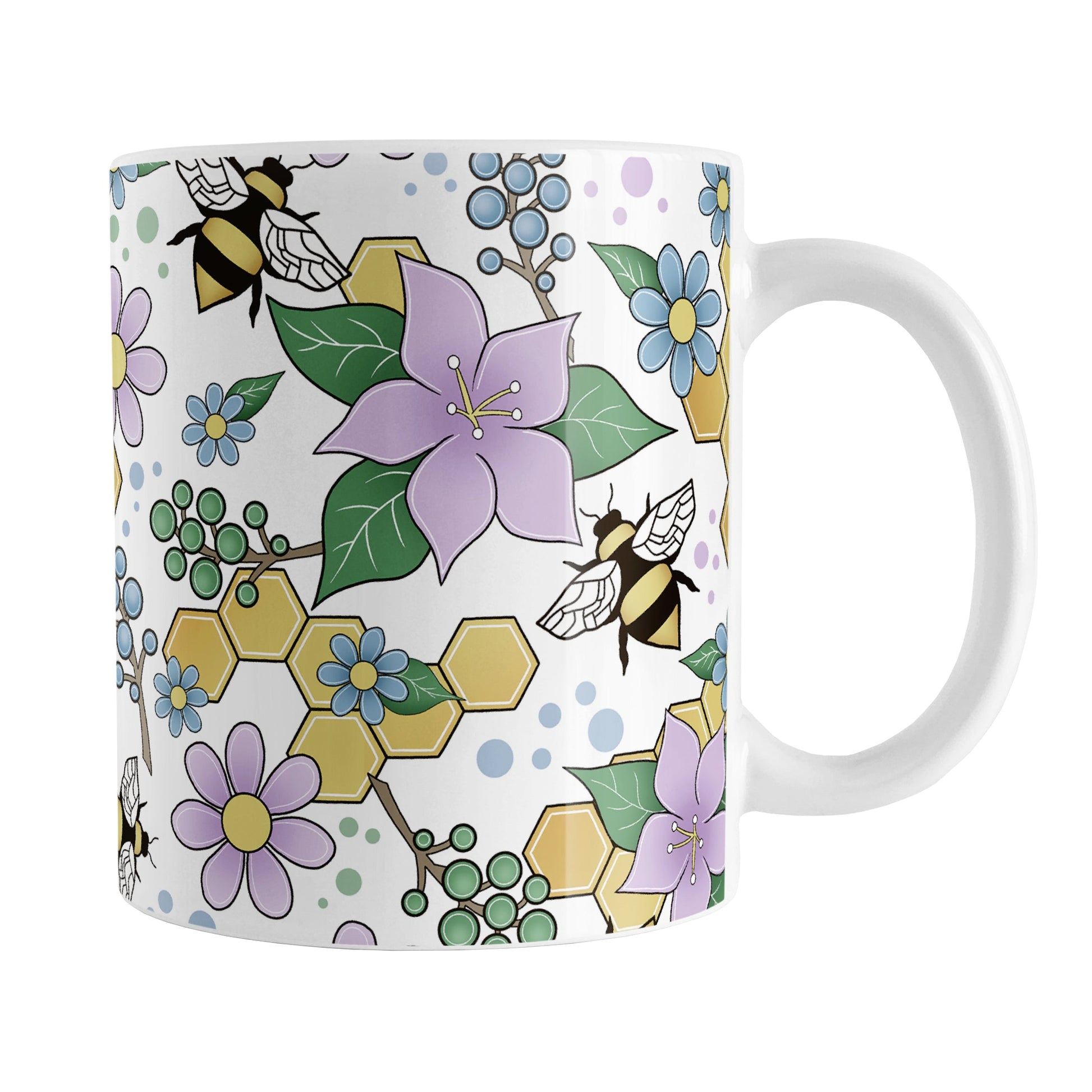 Colorful Purple Floral Bee Pattern Mug (11oz) at Amy's Coffee Mugs. A ceramic coffee mug designed with purple, blue, and green flowers and leaves with bees and golden yellow honeycomb pieces in a pattern that wraps around the mug up to the handle.