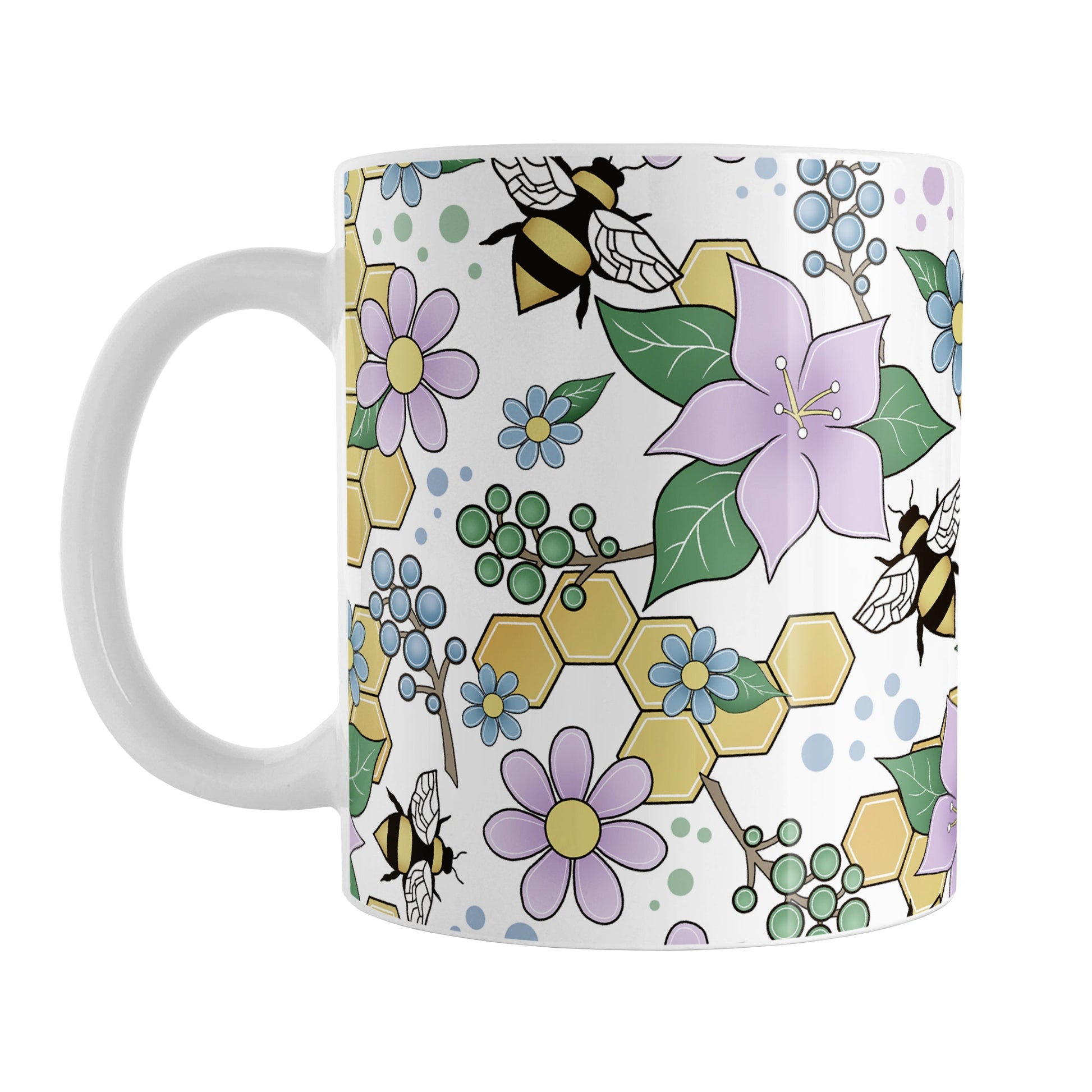 Colorful Purple Floral Bee Pattern Mug (11oz) at Amy's Coffee Mugs. A ceramic coffee mug designed with purple, blue, and green flowers and leaves with bees and golden yellow honeycomb pieces in a pattern that wraps around the mug up to the handle.