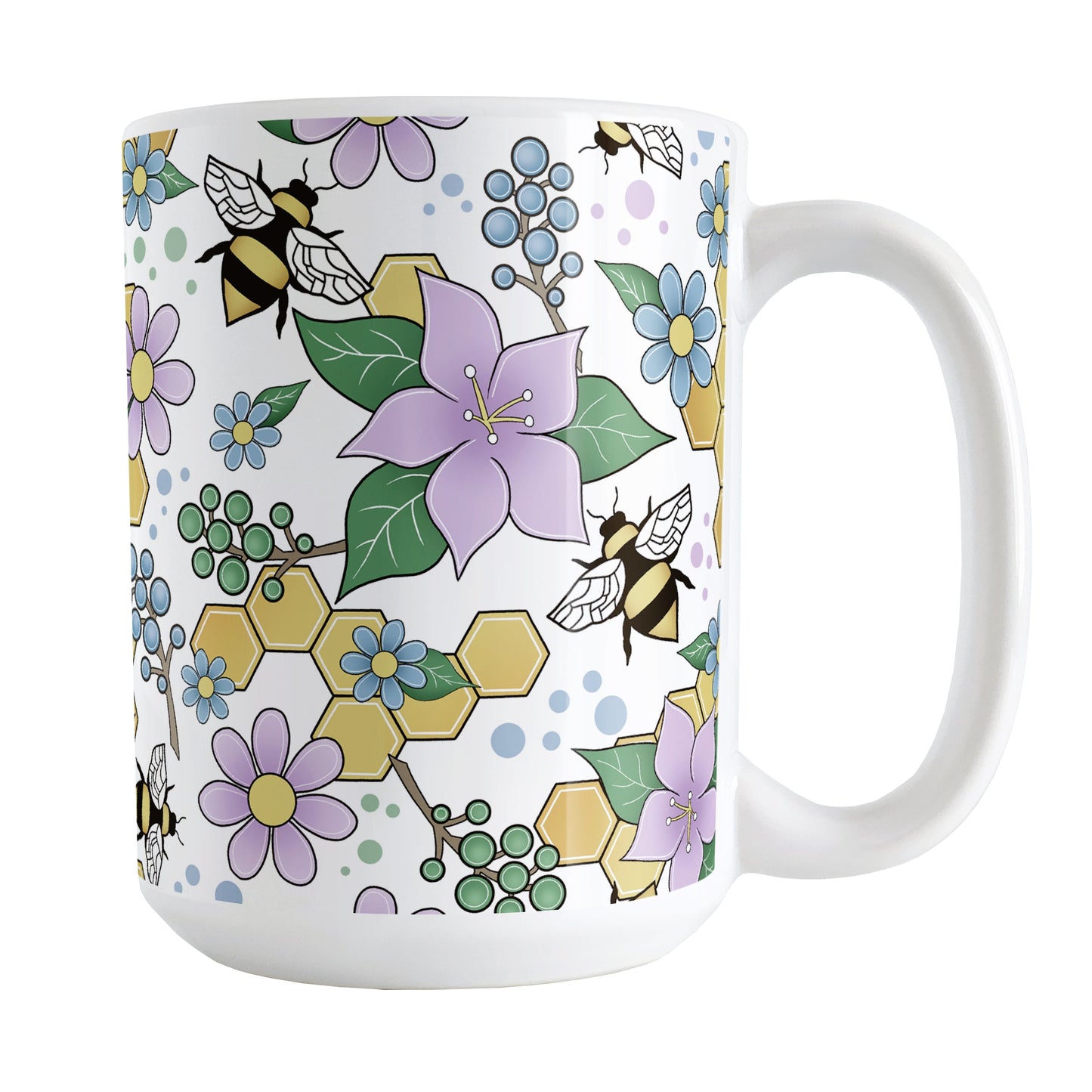 Colorful Purple Floral Bee Pattern Mug (15oz) at Amy's Coffee Mugs. A ceramic coffee mug designed with purple, blue, and green flowers and leaves with bees and golden yellow honeycomb pieces in a pattern that wraps around the mug up to the handle.