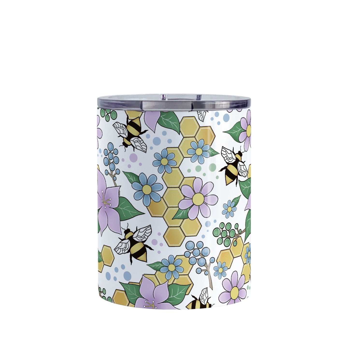 Colorful Purple Floral Bee Pattern Tumbler Cup (10oz, stainless steel insulated) at Amy's Coffee Mugs. A tumbler cup designed with purple, blue, and green flowers and leaves with bees and golden yellow honeycomb pieces in a pattern that wraps around the cup.