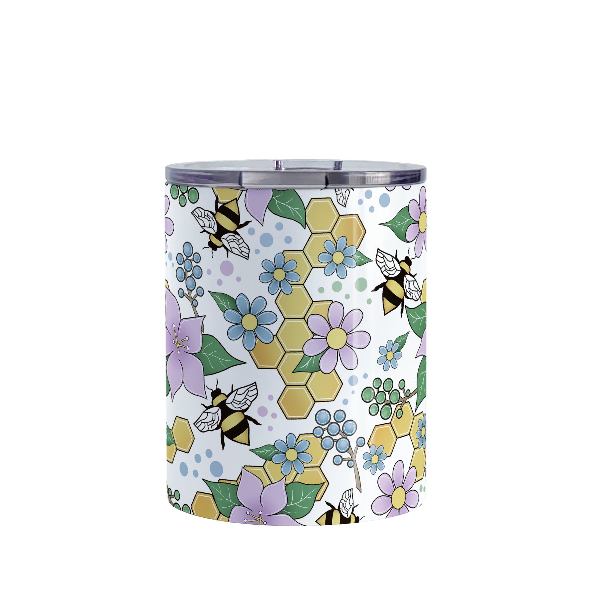 Colorful Purple Floral Bee Pattern Tumbler Cup (10oz, stainless steel insulated) at Amy's Coffee Mugs. A tumbler cup designed with purple, blue, and green flowers and leaves with bees and golden yellow honeycomb pieces in a pattern that wraps around the cup.