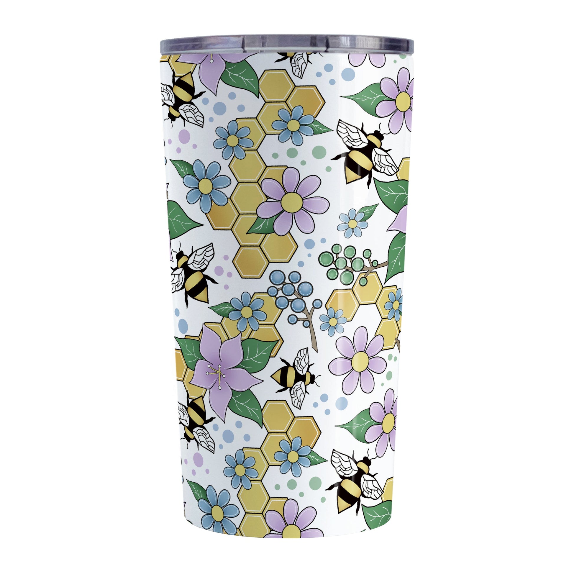 Colorful Purple Floral Bee Pattern Tumbler Cup (20oz, stainless steel insulated) at Amy's Coffee Mugs. A tumbler cup designed with purple, blue, and green flowers and leaves with bees and golden yellow honeycomb pieces in a pattern that wraps around the cup.