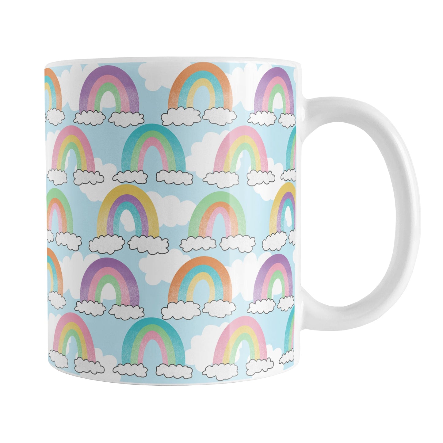 Colorful Rainbows Sky Pattern Mug (11oz) at Amy's Coffee Mugs. A ceramic coffee mug designed with an illustration of different rainbows with three different semi-faded colors each sitting on clouds, over a blue sky with white clouds in the background that wraps around the mug up to the handle.