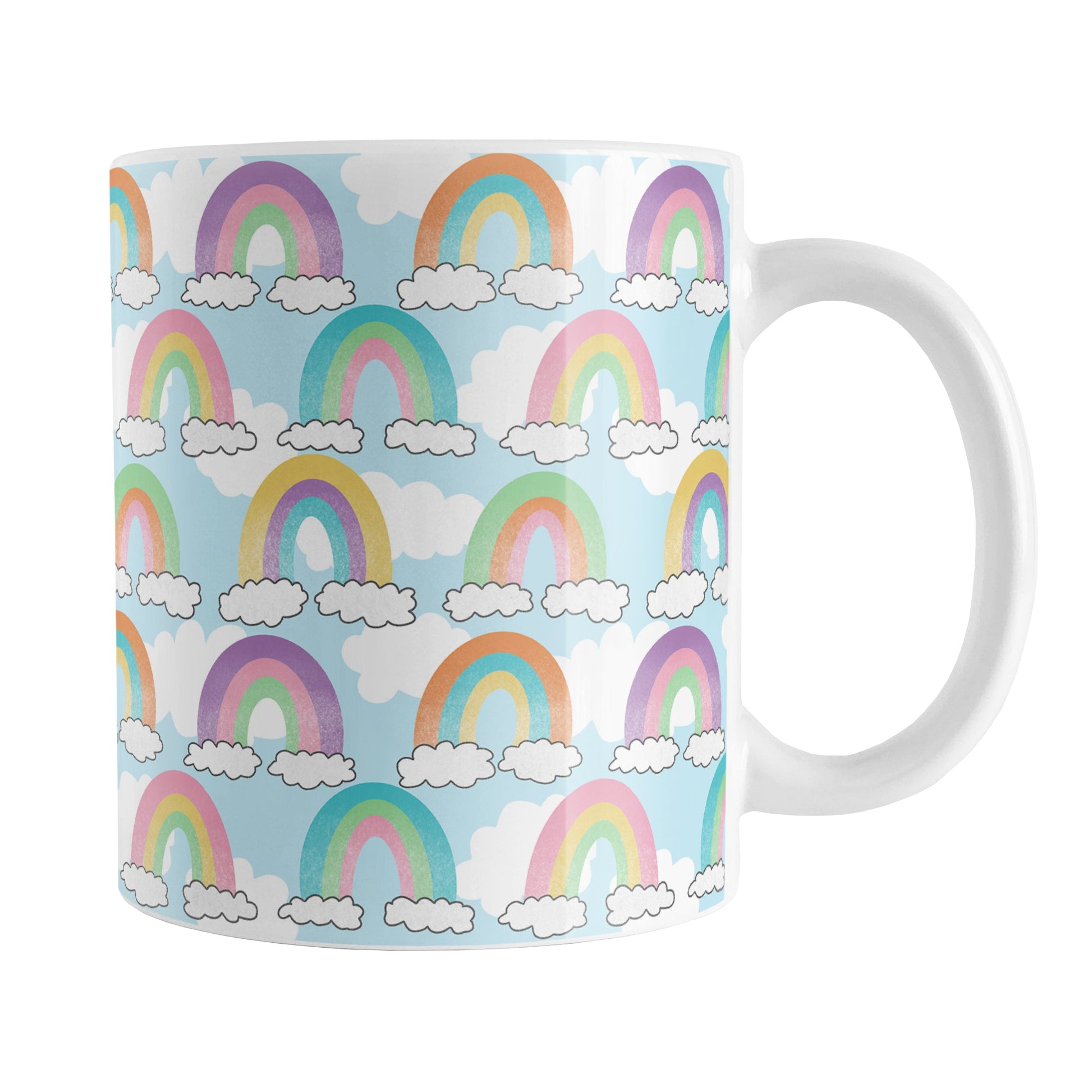 Colorful Rainbows Sky Pattern Mug (11oz) at Amy's Coffee Mugs. A ceramic coffee mug designed with an illustration of different rainbows with three different semi-faded colors each sitting on clouds, over a blue sky with white clouds in the background that wraps around the mug up to the handle.