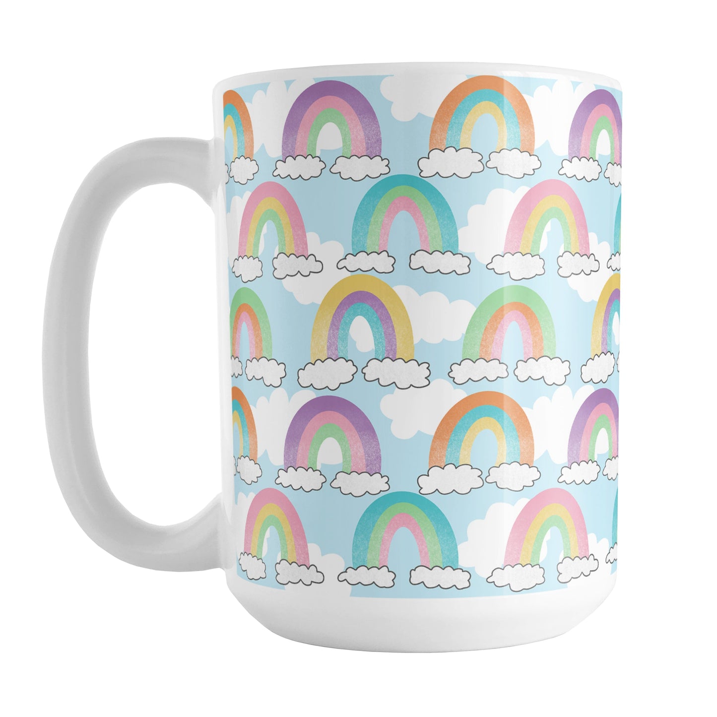 Colorful Rainbows Sky Pattern Mug (15oz) at Amy's Coffee Mugs. A ceramic coffee mug designed with an illustration of different rainbows with three different semi-faded colors each sitting on clouds, over a blue sky with white clouds in the background that wraps around the mug up to the handle.