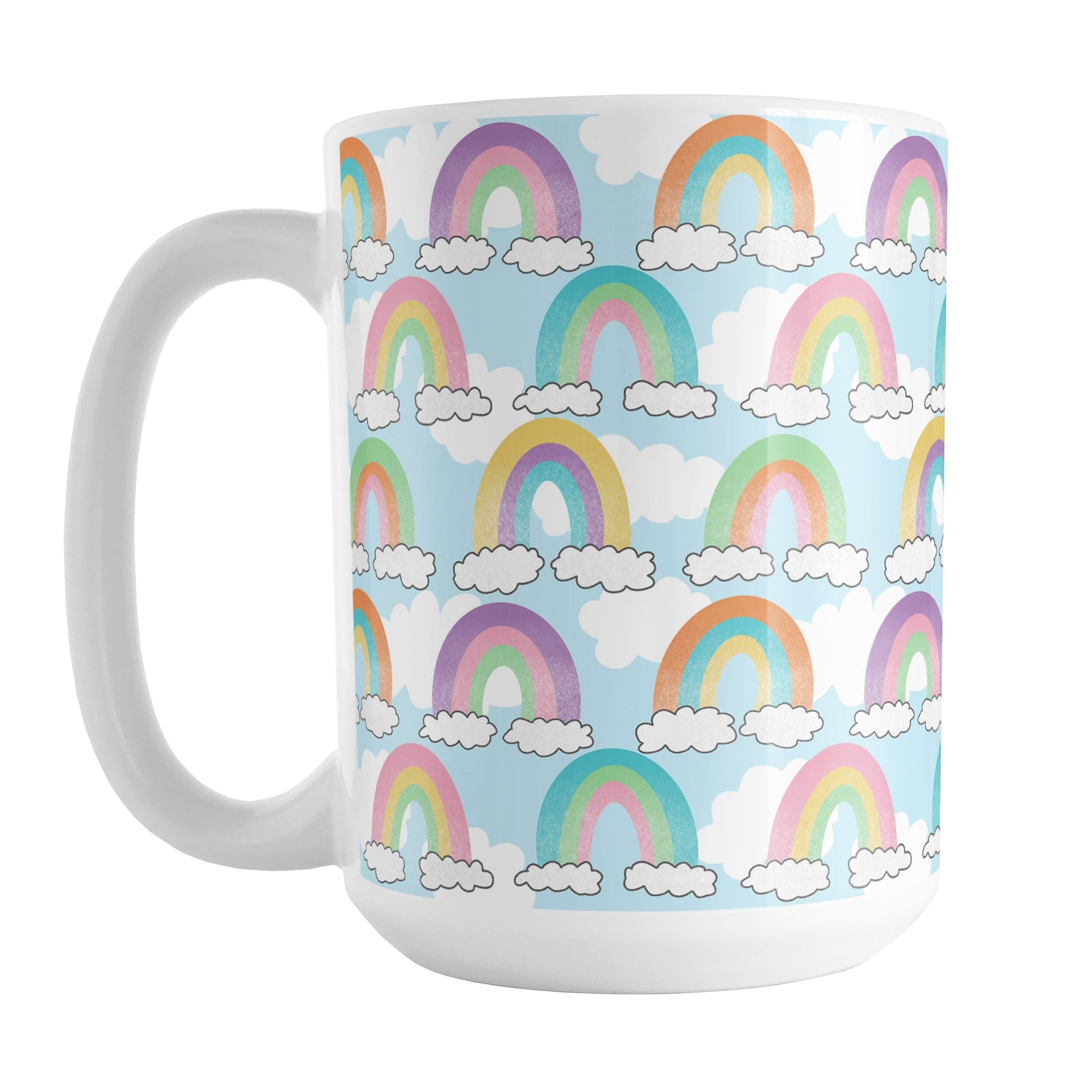 Colorful Rainbows Sky Pattern Mug (15oz) at Amy's Coffee Mugs. A ceramic coffee mug designed with an illustration of different rainbows with three different semi-faded colors each sitting on clouds, over a blue sky with white clouds in the background that wraps around the mug up to the handle.