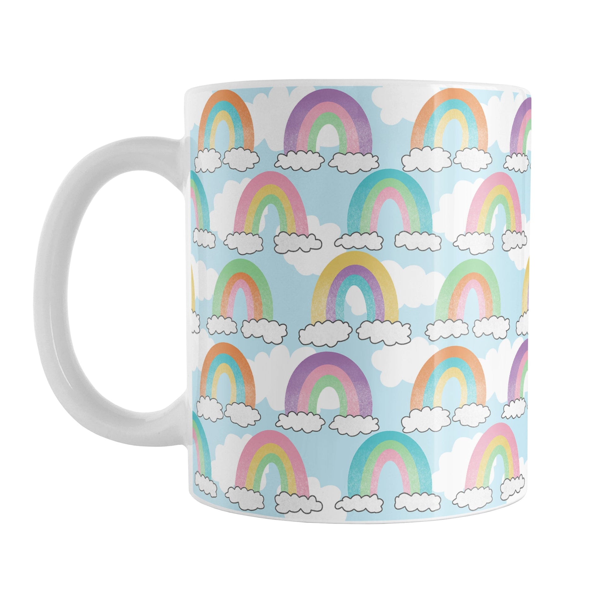 Colorful Rainbows Sky Pattern Mug (11oz) at Amy's Coffee Mugs. A ceramic coffee mug designed with an illustration of different rainbows with three different semi-faded colors each sitting on clouds, over a blue sky with white clouds in the background that wraps around the mug up to the handle.