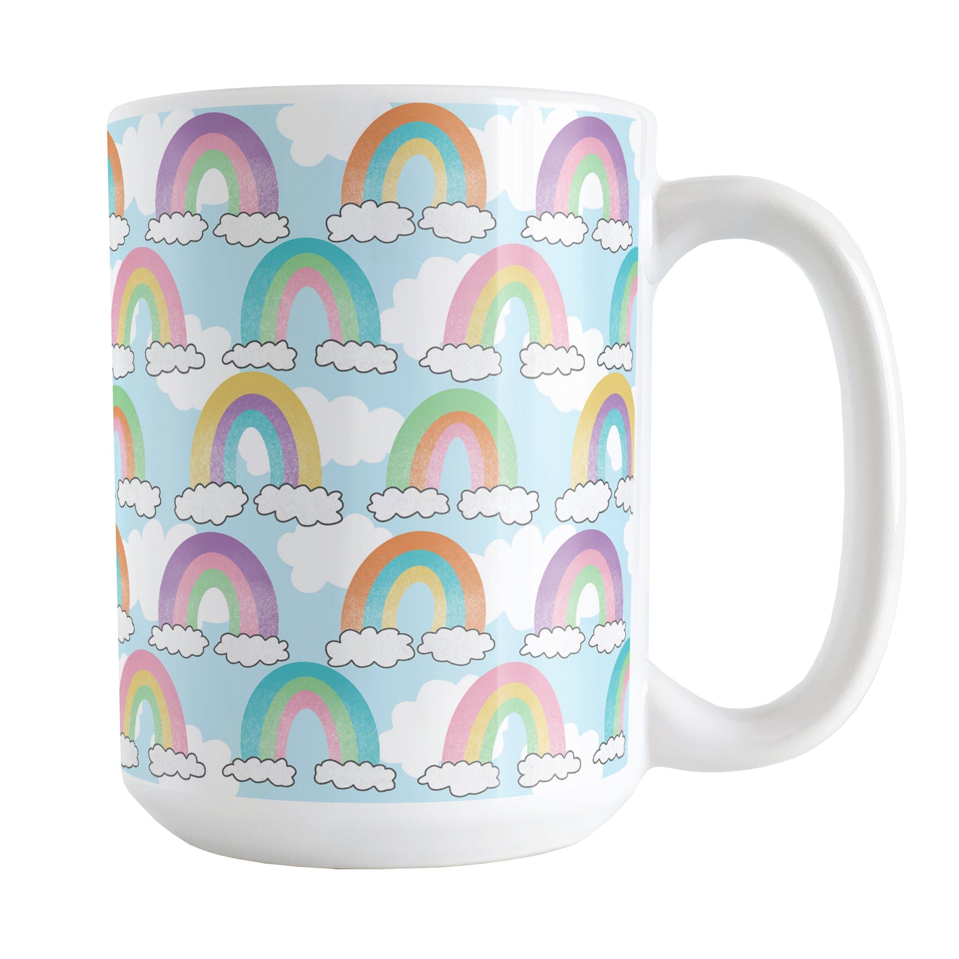 Colorful Rainbows Sky Pattern Mug (15oz) at Amy's Coffee Mugs. A ceramic coffee mug designed with an illustration of different rainbows with three different semi-faded colors each sitting on clouds, over a blue sky with white clouds in the background that wraps around the mug up to the handle.