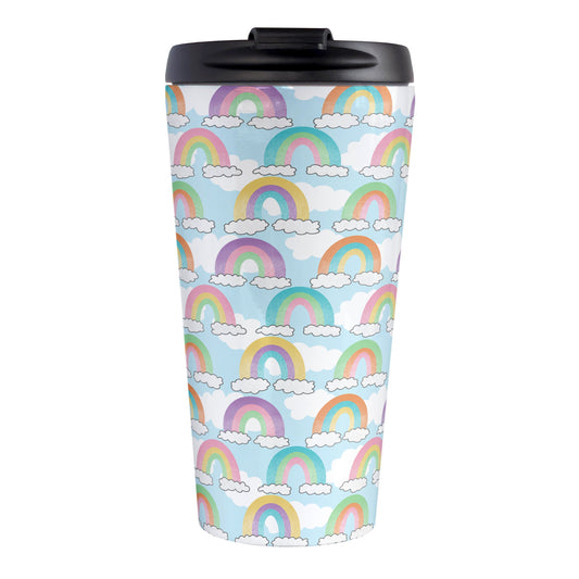 Colorful Rainbows Sky Pattern Travel Mug (15oz, stainless steel insulated) at Amy's Coffee Mugs. A travel mug designed with an illustration of different rainbows with three different semi-faded colors each sitting on clouds, over a blue sky with white clouds in the background that wraps around the travel mug.