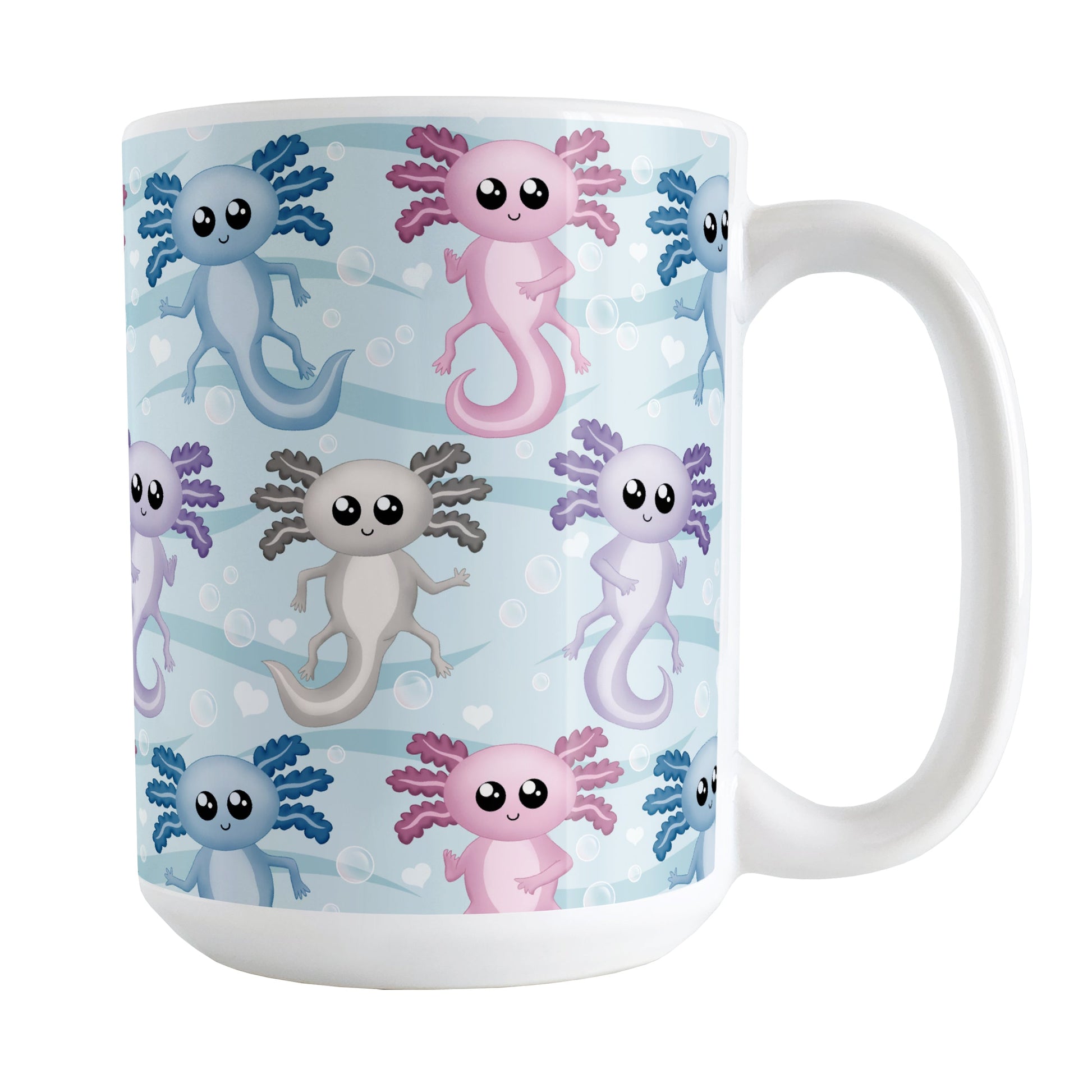 Colorful Underwater Axolotl Mug (15oz) at Amy's Coffee Mugs. A ceramic coffee mug designed with cute pink, blue, gray, and purple axolotls in a pattern over a blue water background with wavy lines, bubbles, and white hearts.