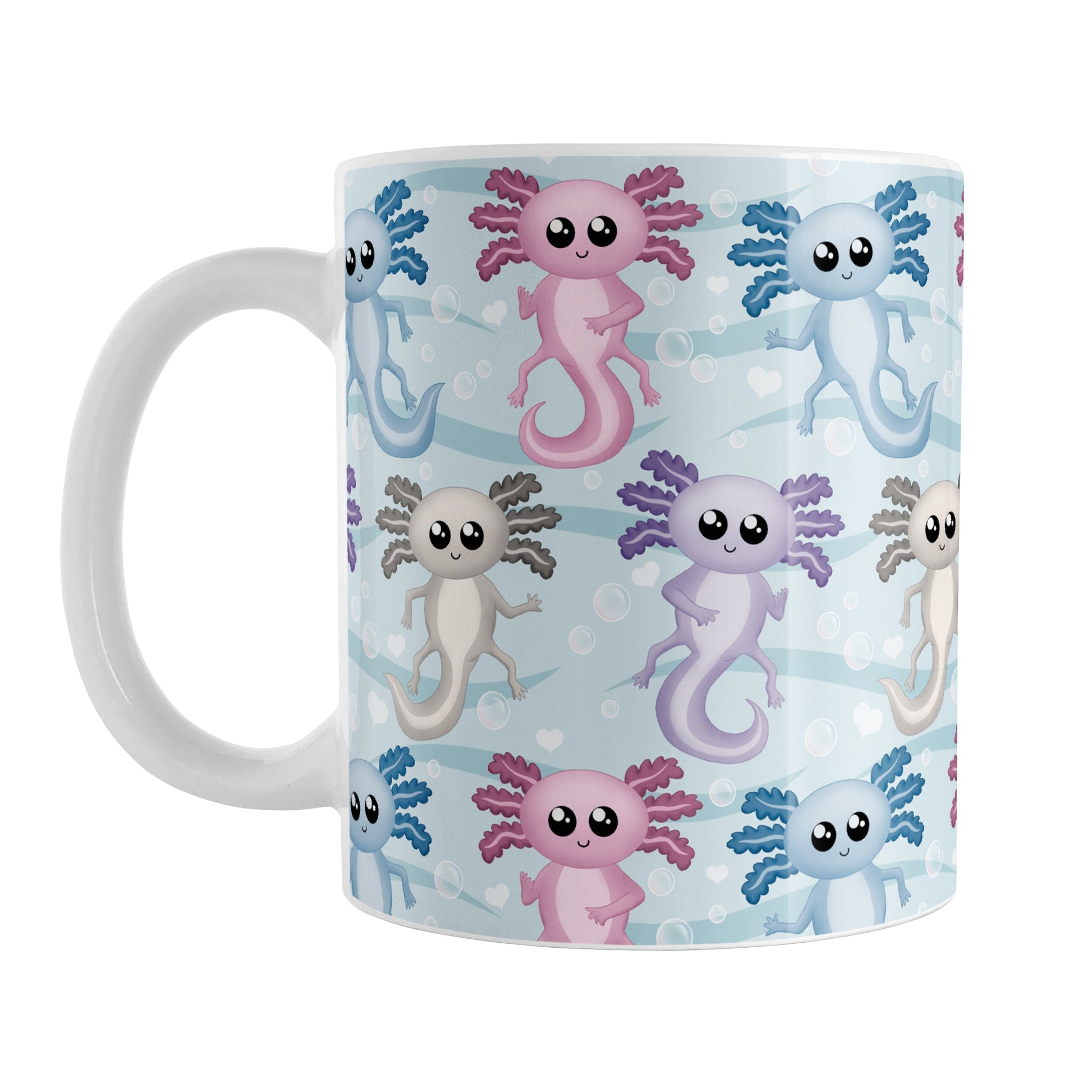 Colorful Underwater Axolotl Mug (11oz) at Amy's Coffee Mugs. A ceramic coffee mug designed with cute pink, blue, gray, and purple axolotls in a pattern over a blue water background with wavy lines, bubbles, and white hearts.