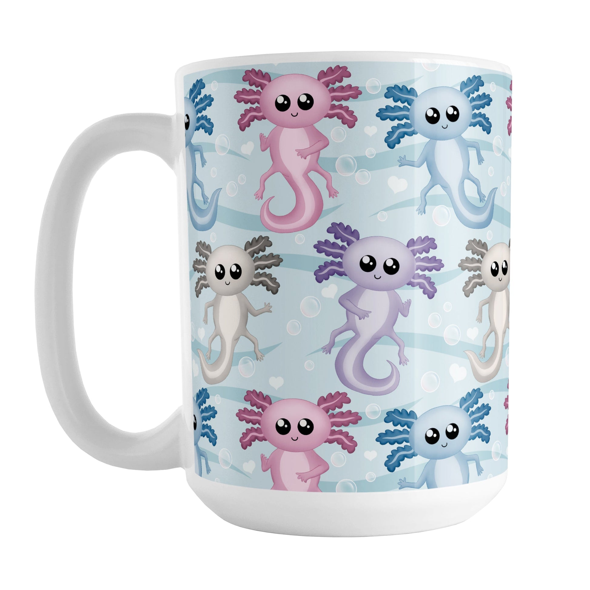 Colorful Underwater Axolotl Mug (15oz) at Amy's Coffee Mugs. A ceramic coffee mug designed with cute pink, blue, gray, and purple axolotls in a pattern over a blue water background with wavy lines, bubbles, and white hearts.