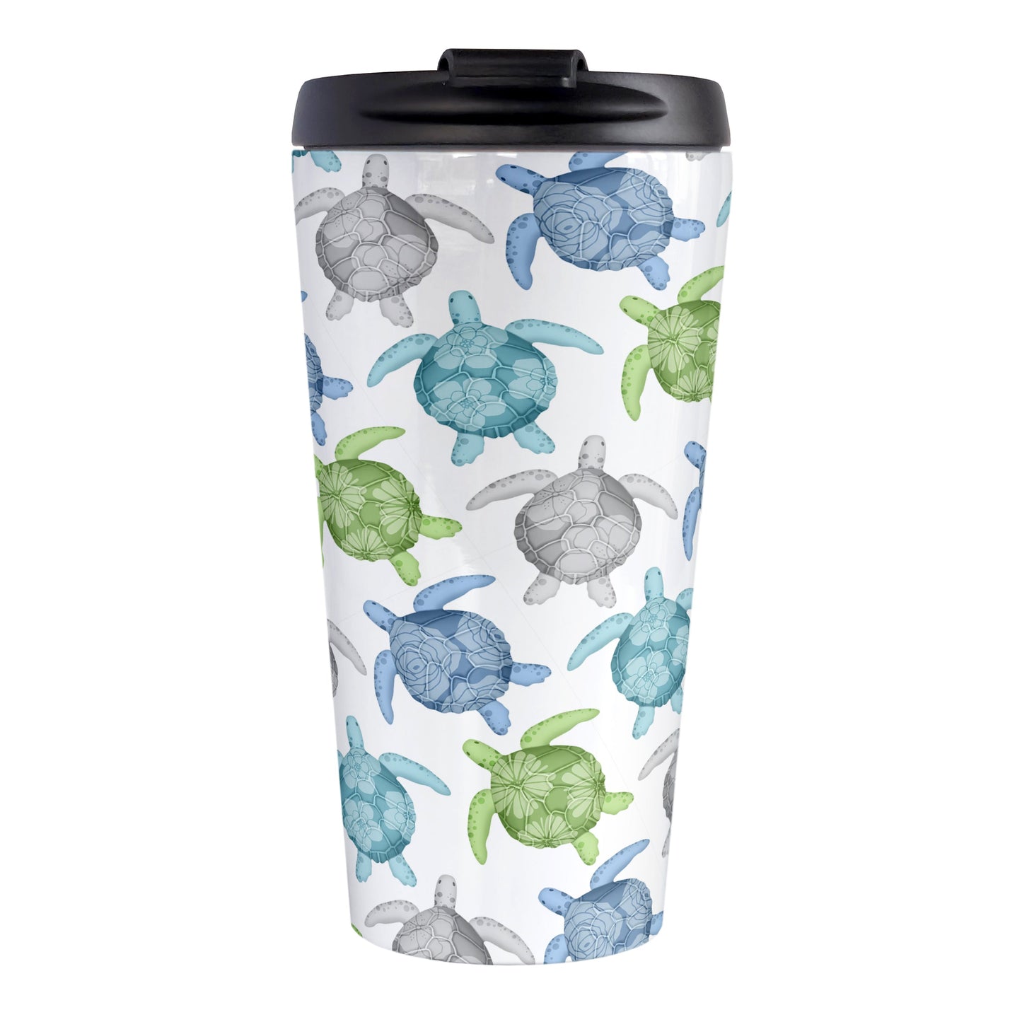 Cool Sea Turtles Pattern Travel Mug (15oz, stainless steel insulated) at Amy's Coffee Mugs. A travel mug with a pattern of sea turtles in a cool color palette of blue, green, turquoise and gray that wraps around the travel mug. Each cool colored sea turtle has a different floral watermark over its shell.
