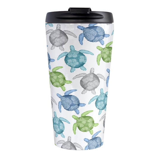 Cool Sea Turtles Pattern Travel Mug (15oz, stainless steel insulated) at Amy's Coffee Mugs. A travel mug with a pattern of sea turtles in a cool color palette of blue, green, turquoise and gray that wraps around the travel mug. Each cool colored sea turtle has a different floral watermark over its shell.