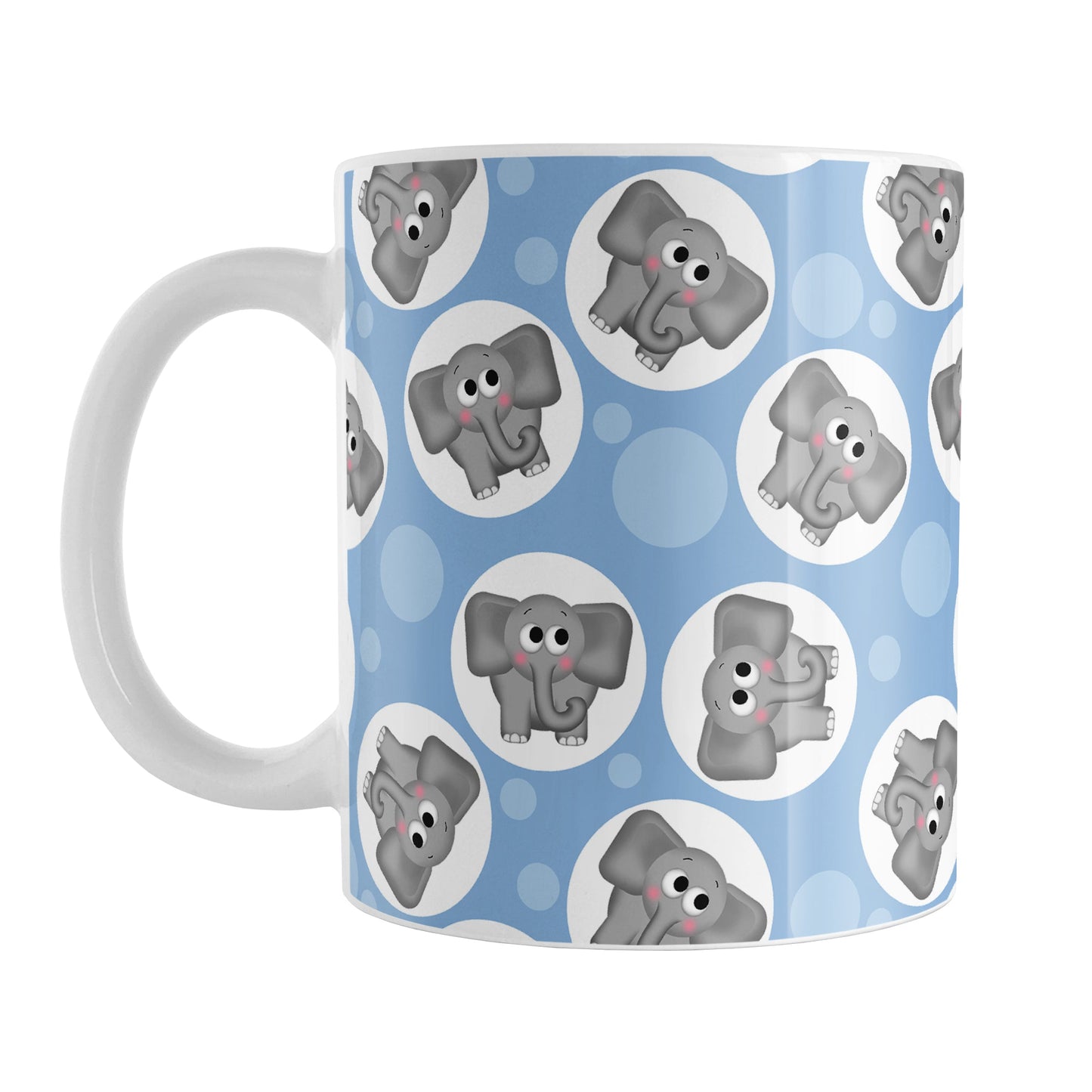 Cute Blue Elephant Pattern Mug (11oz) at Amy's Coffee Mugs. A ceramic coffee mug designed with cute and affectionate gray elephants in white circles scattered over a blue background color in a pattern that wraps around the mug up to the handle.