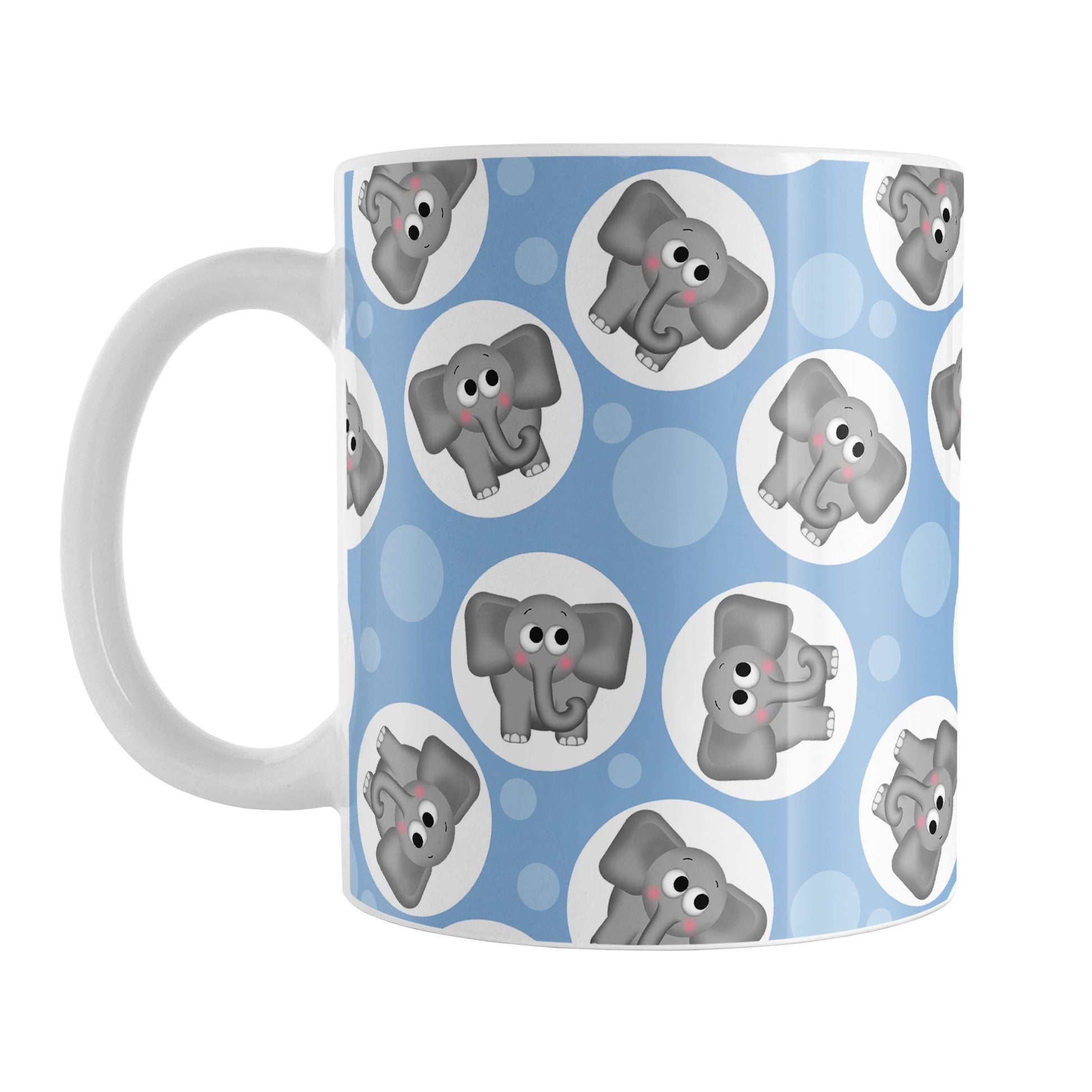 Cute Blue Elephant Pattern Mug (11oz) at Amy's Coffee Mugs. A ceramic coffee mug designed with cute and affectionate gray elephants in white circles scattered over a blue background color in a pattern that wraps around the mug up to the handle.