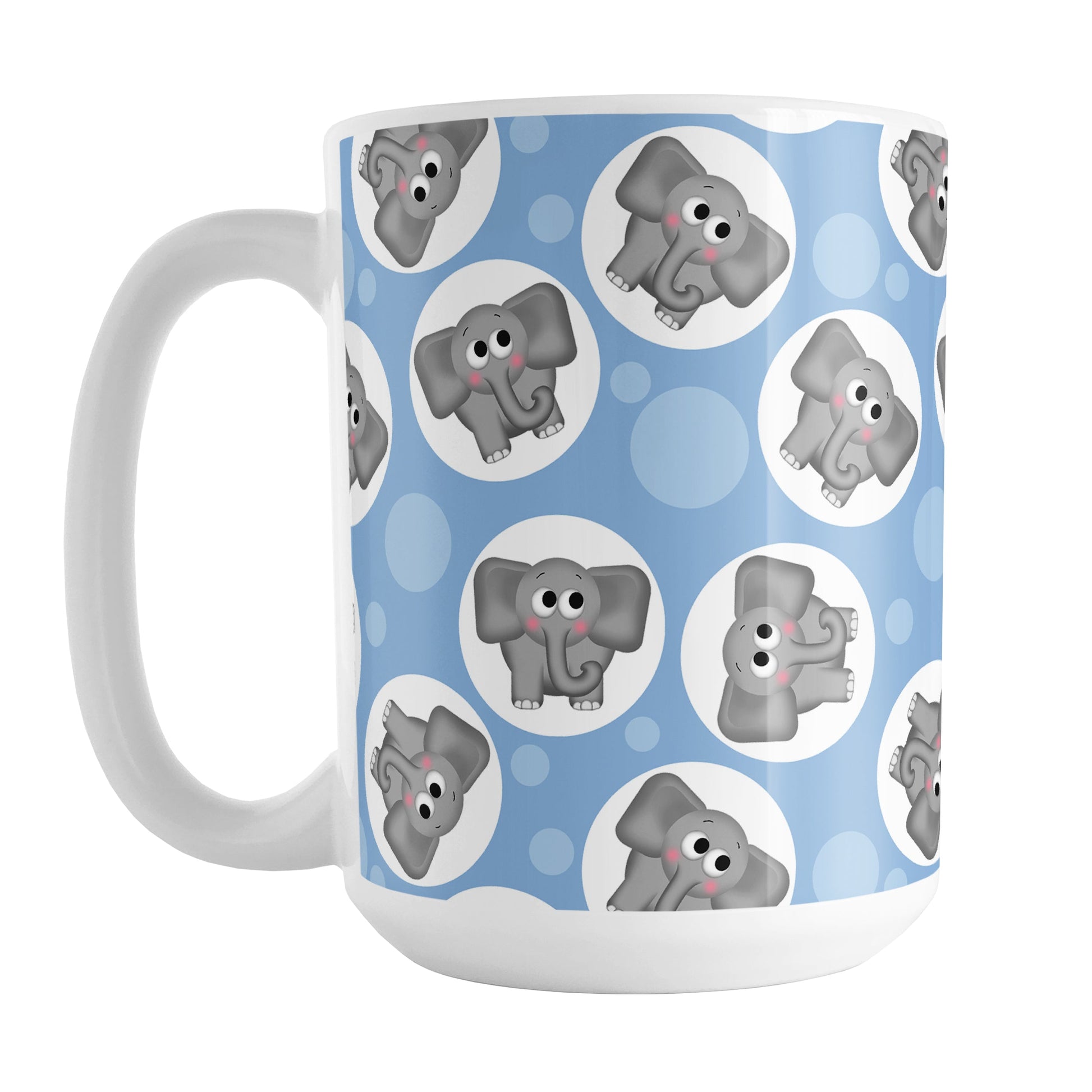 Cute Blue Elephant Pattern Mug (15oz) at Amy's Coffee Mugs. A ceramic coffee mug designed with cute and affectionate gray elephants in white circles scattered over a blue background color in a pattern that wraps around the mug up to the handle.
