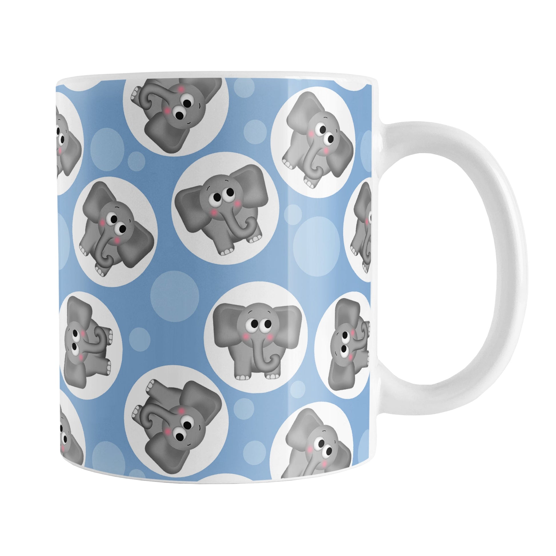Cute Blue Elephant Pattern Mug (11oz) at Amy's Coffee Mugs. A ceramic coffee mug designed with cute and affectionate gray elephants in white circles scattered over a blue background color in a pattern that wraps around the mug up to the handle.