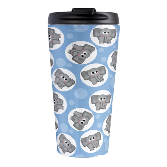 Cute Blue Elephant Pattern Travel Mug (15oz, stainless steel insulated) at Amy's Coffee Mugs. A travel mug designed with cute and affectionate gray elephants in white circles scattered over a blue background color in a pattern that wraps around the travel mug.