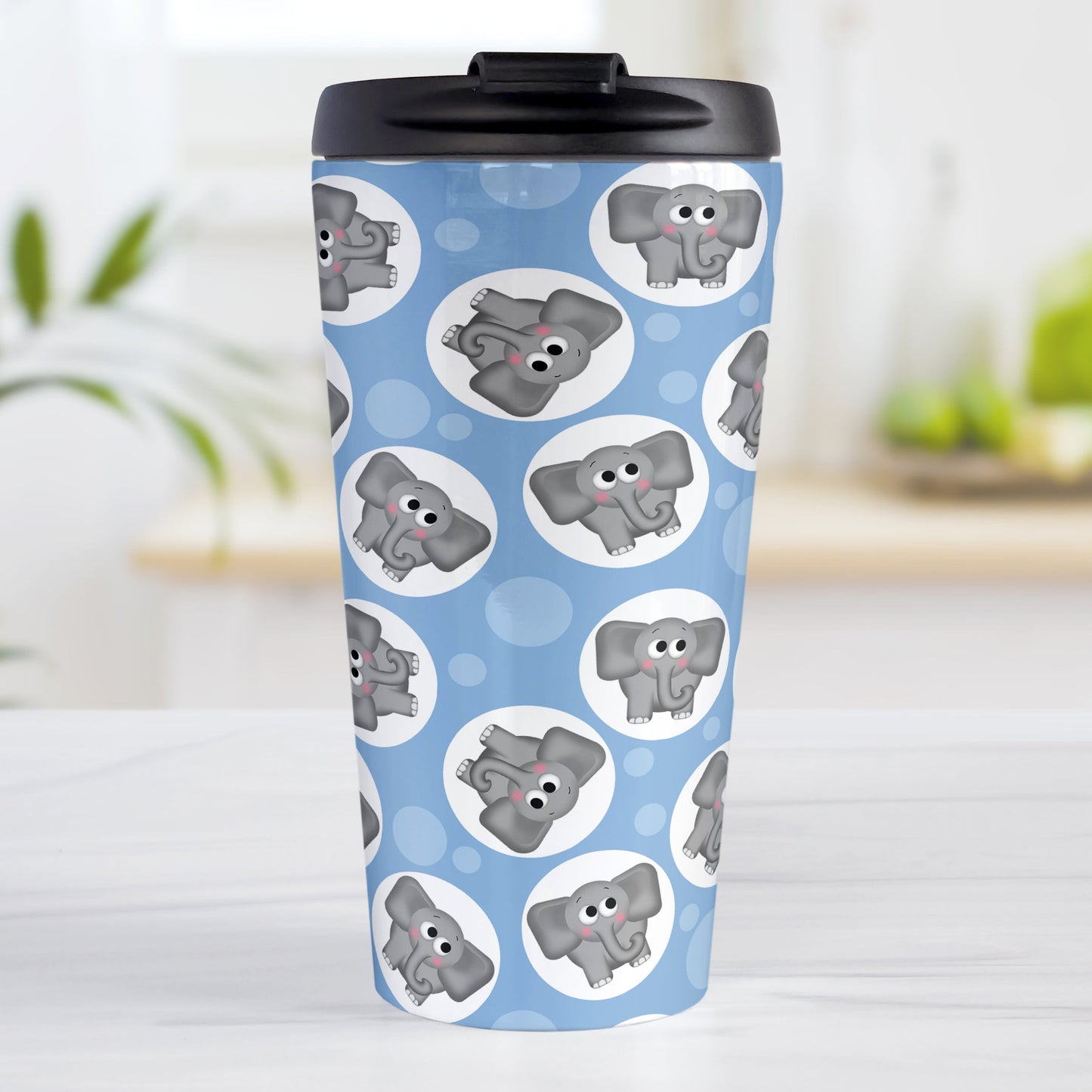 Cute Blue Elephant Pattern Travel Mug (15oz, stainless steel insulated) at Amy's Coffee Mugs. A travel mug designed with cute and affectionate gray elephants in white circles scattered over a blue background color in a pattern that wraps around the travel mug.