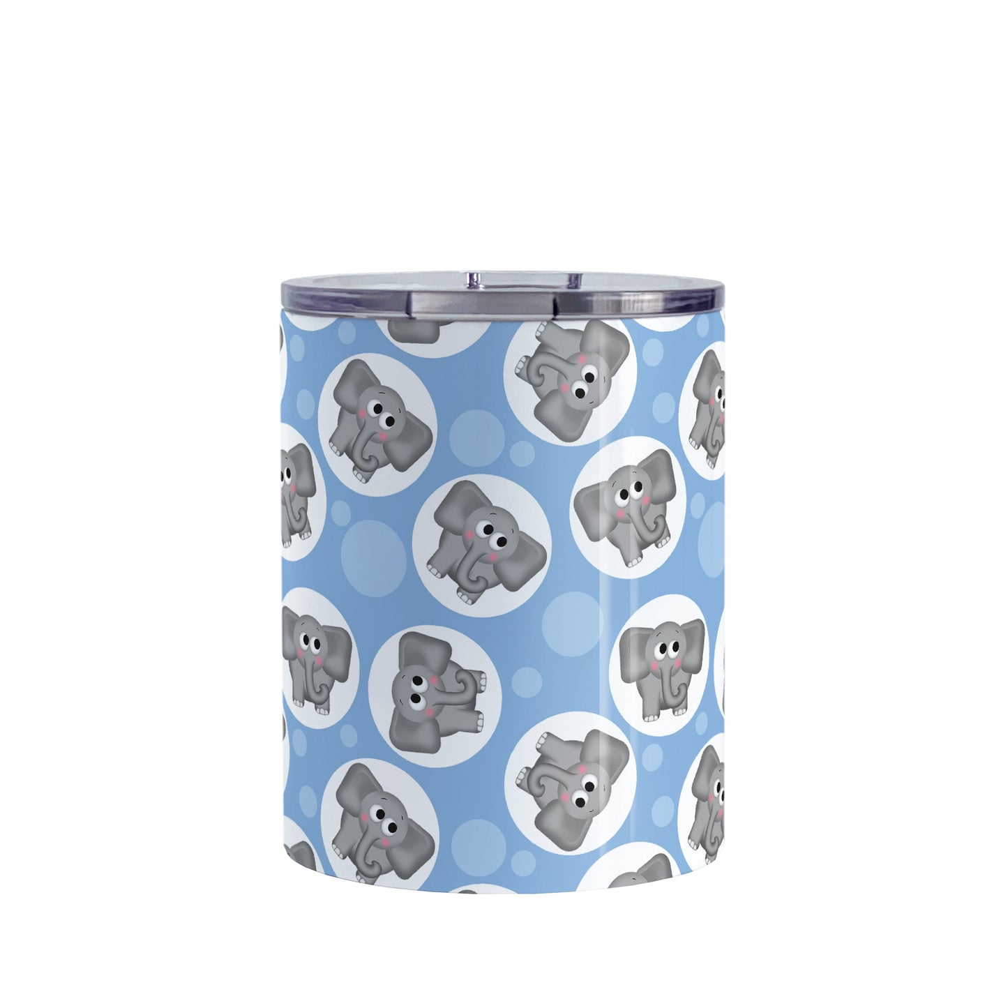 Cute Blue Elephant Pattern Tumbler Cup (10oz, stainless steel insulated) at Amy's Coffee Mugs. A tumbler cup designed with cute and affectionate gray elephants in white circles scattered over a blue background color in a pattern that wraps around the cup.